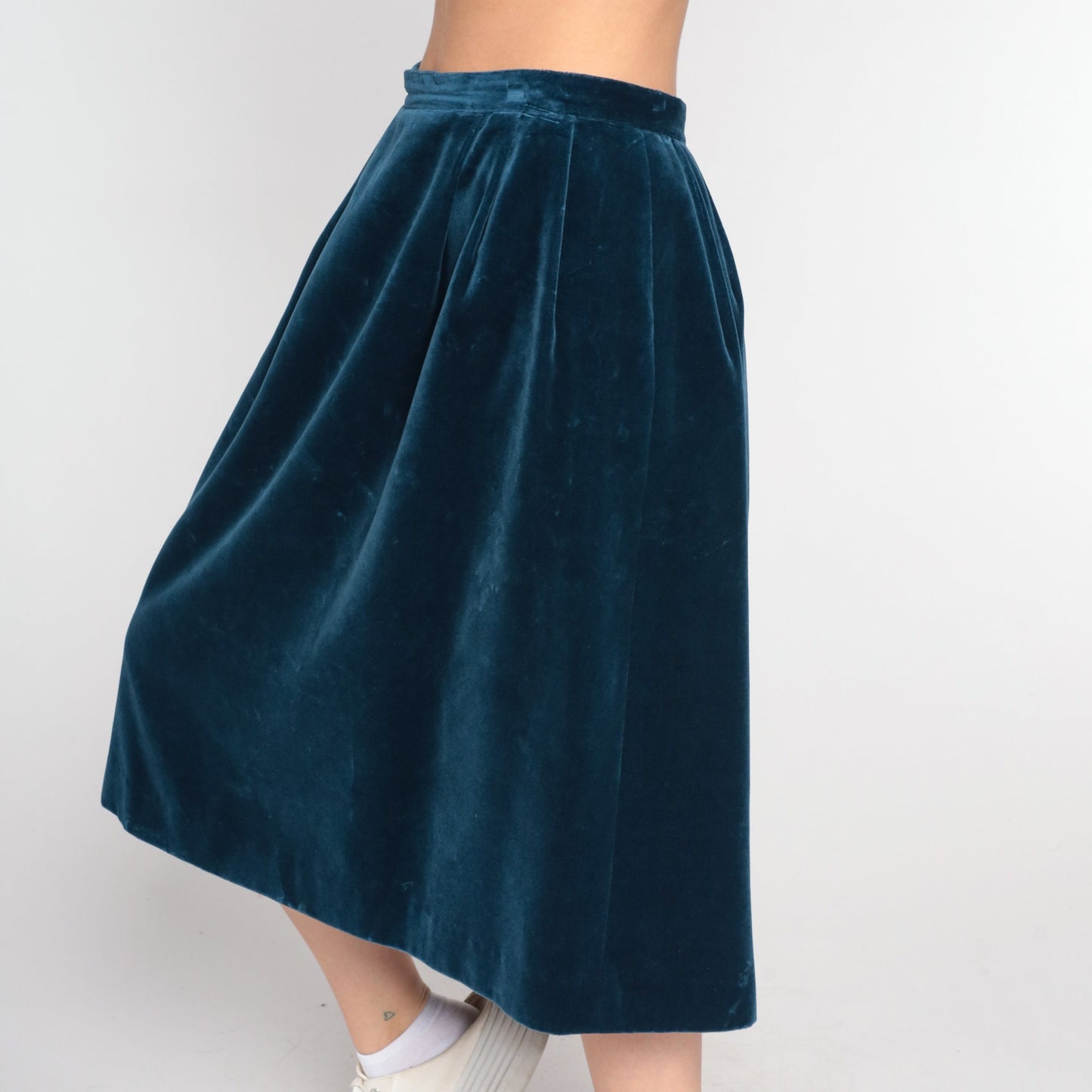 80s Dark Blue Velvet Midi Skirt High Waist Pleated Small