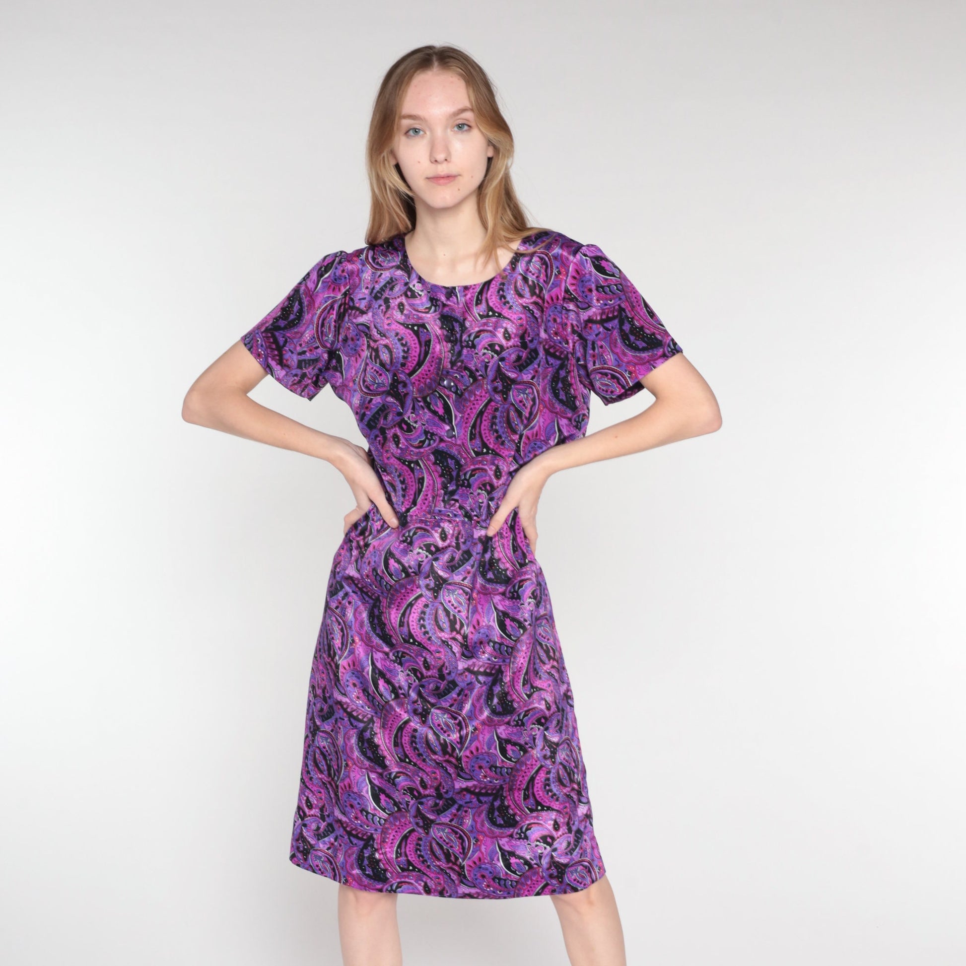 60s Paisley Shirtwaist Midi Dress Purple Pink Black Button-Up Medium Large
