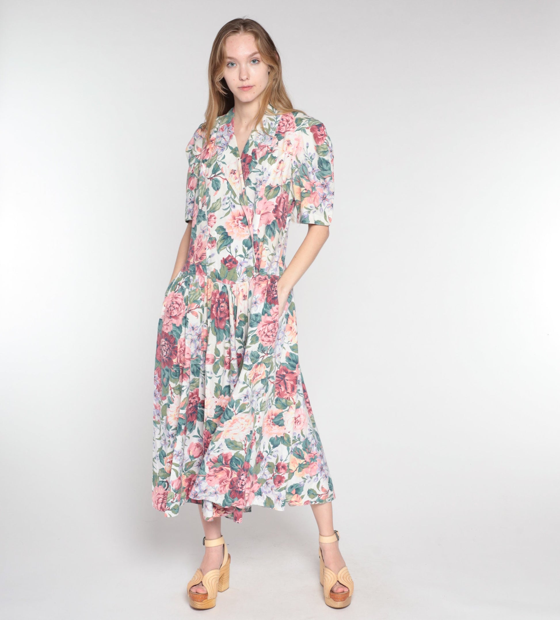 90s Floral Midi Dress Double Breasted Puff Sleeve Basque Waist Cotton Medium