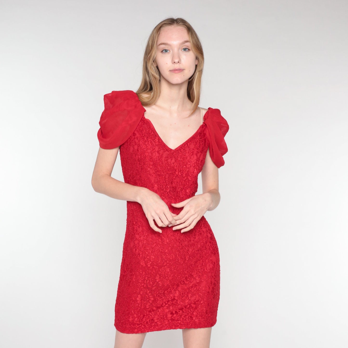 90s Red Lace Mini Dress Sheath Draped Sleeve Cocktail Extra Small