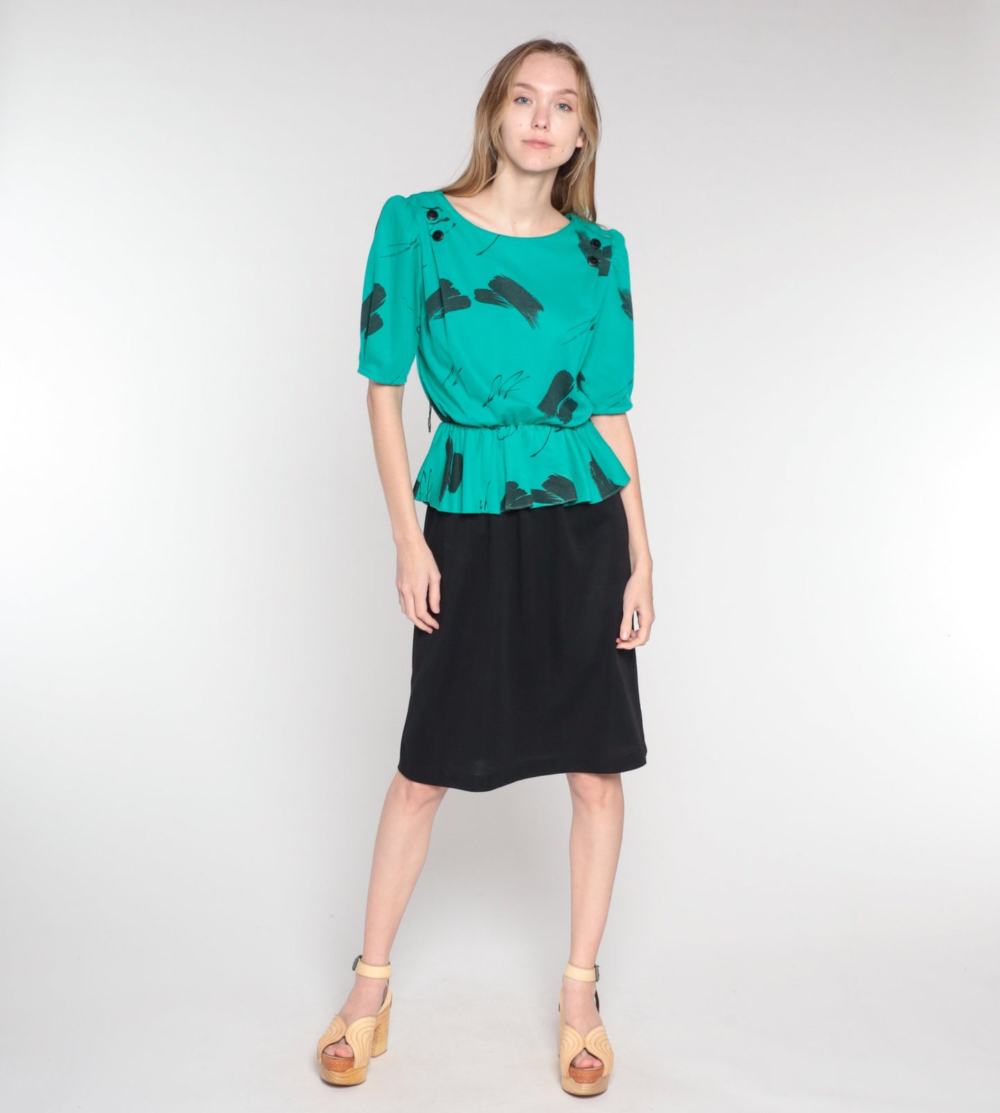 80s Peplum Midi Dress Black Green Brushstroke Print Puff Sleeve Small