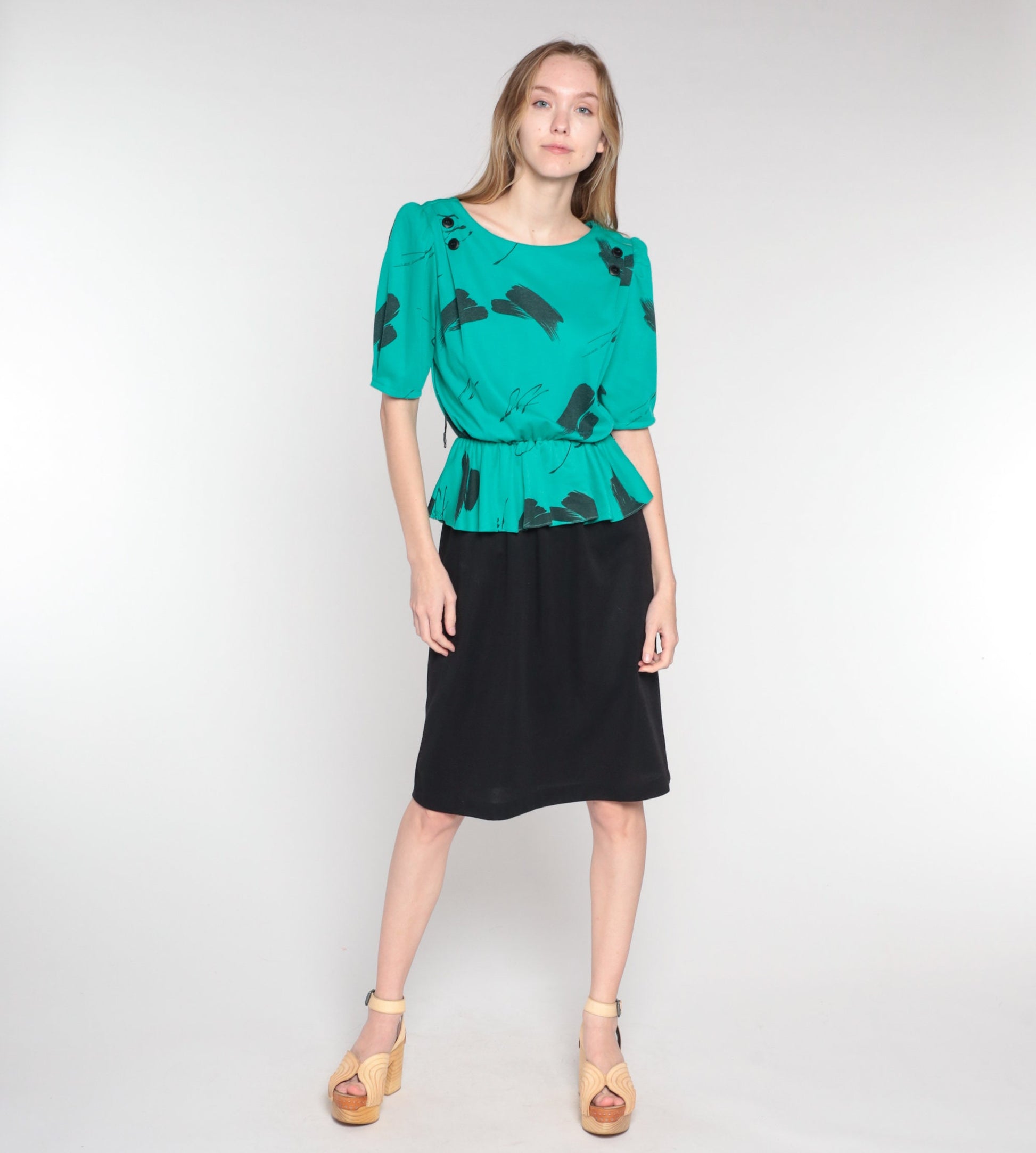 80s Peplum Midi Dress Black Green Brushstroke Print Puff Sleeve Small