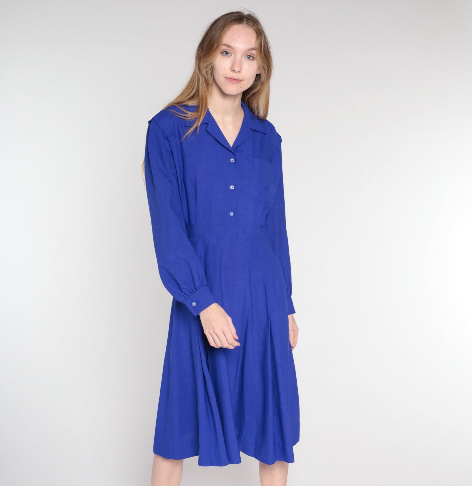 90s Deep Purple Button-Up Midi Dress High Waist Long Sleeve Medium M
