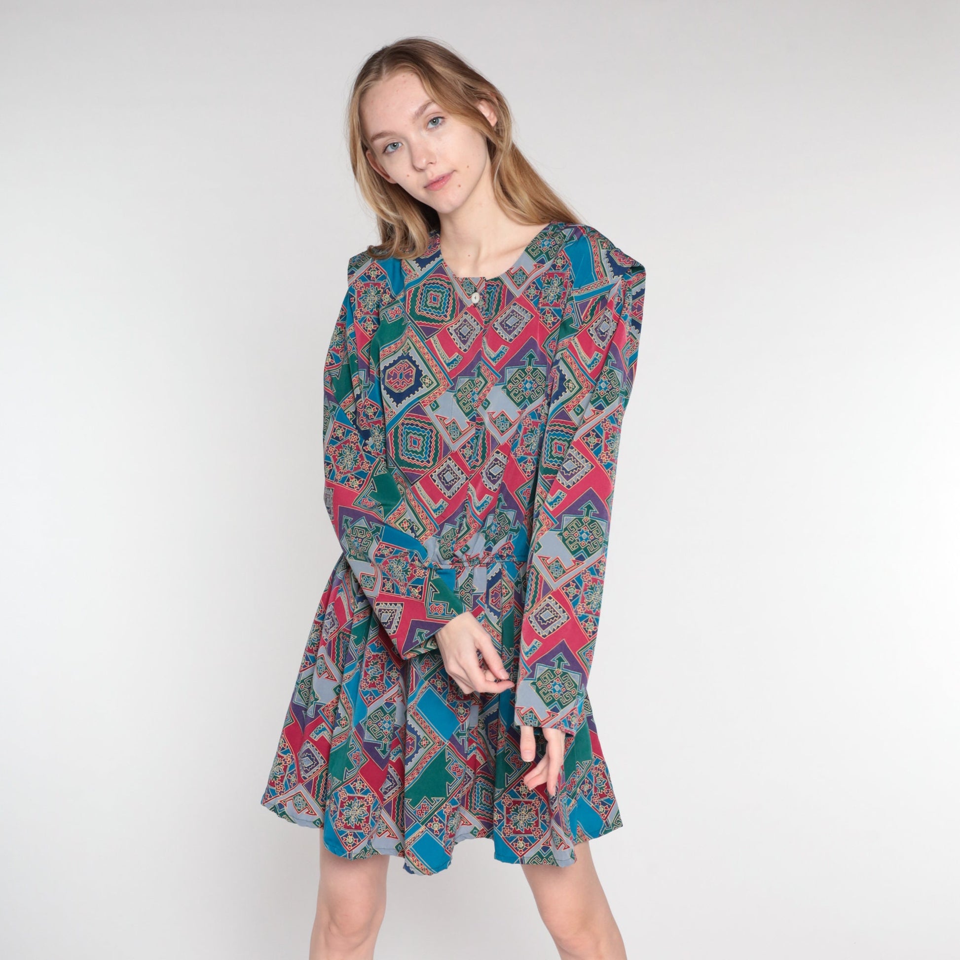 80s Leslie Fay Geometric Mini Dress Colorful Tile Print Long Sleeve Medium