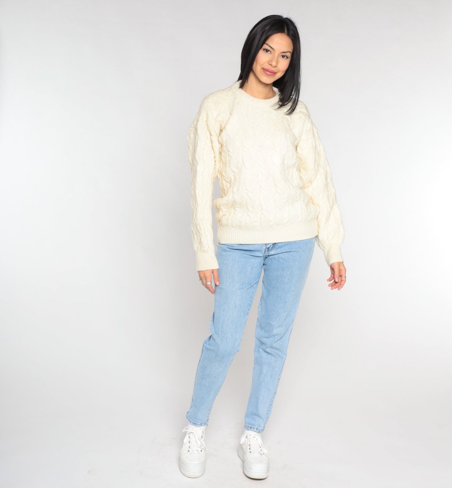 80s Australian Merino Wool Cable Knit Sweater Cream Crewneck Small