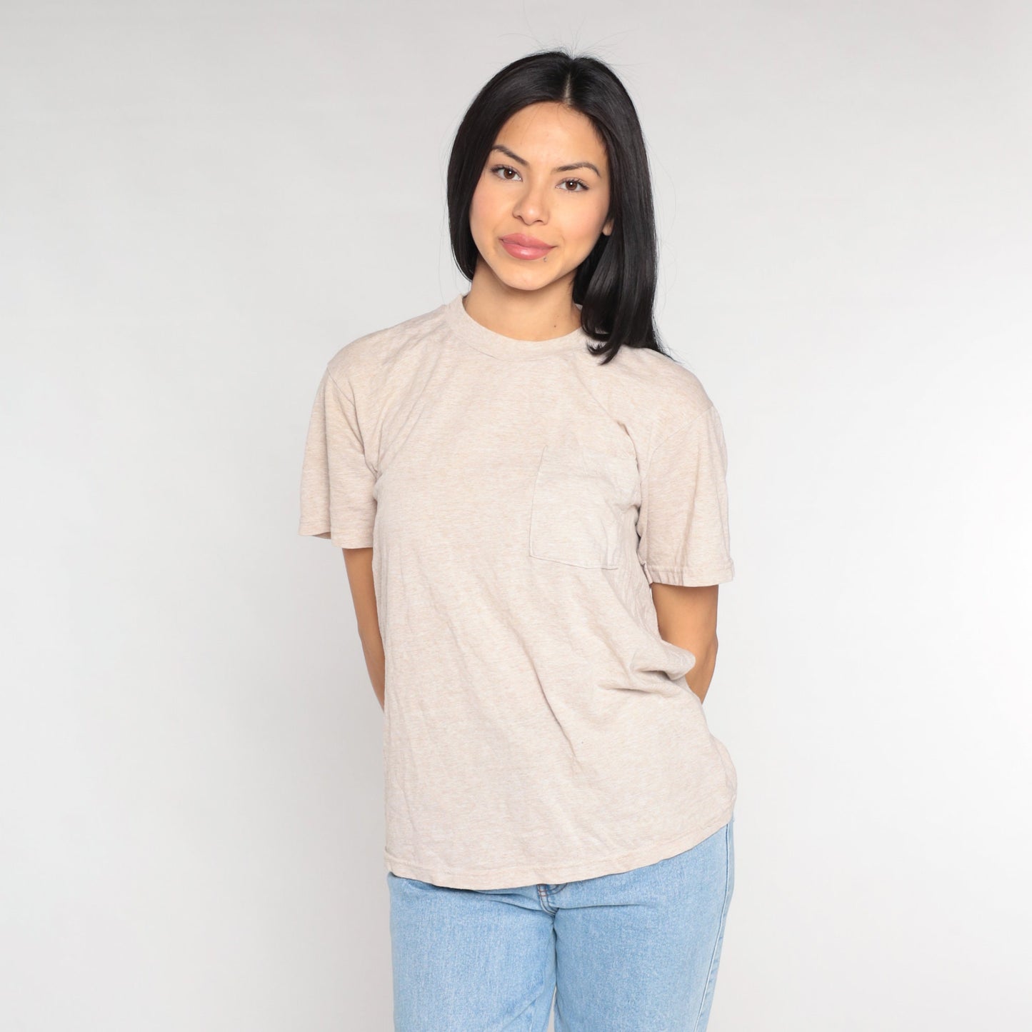 90s Fruit of the Loom Pocket Tee Heather Beige T-Shirt Medium M
