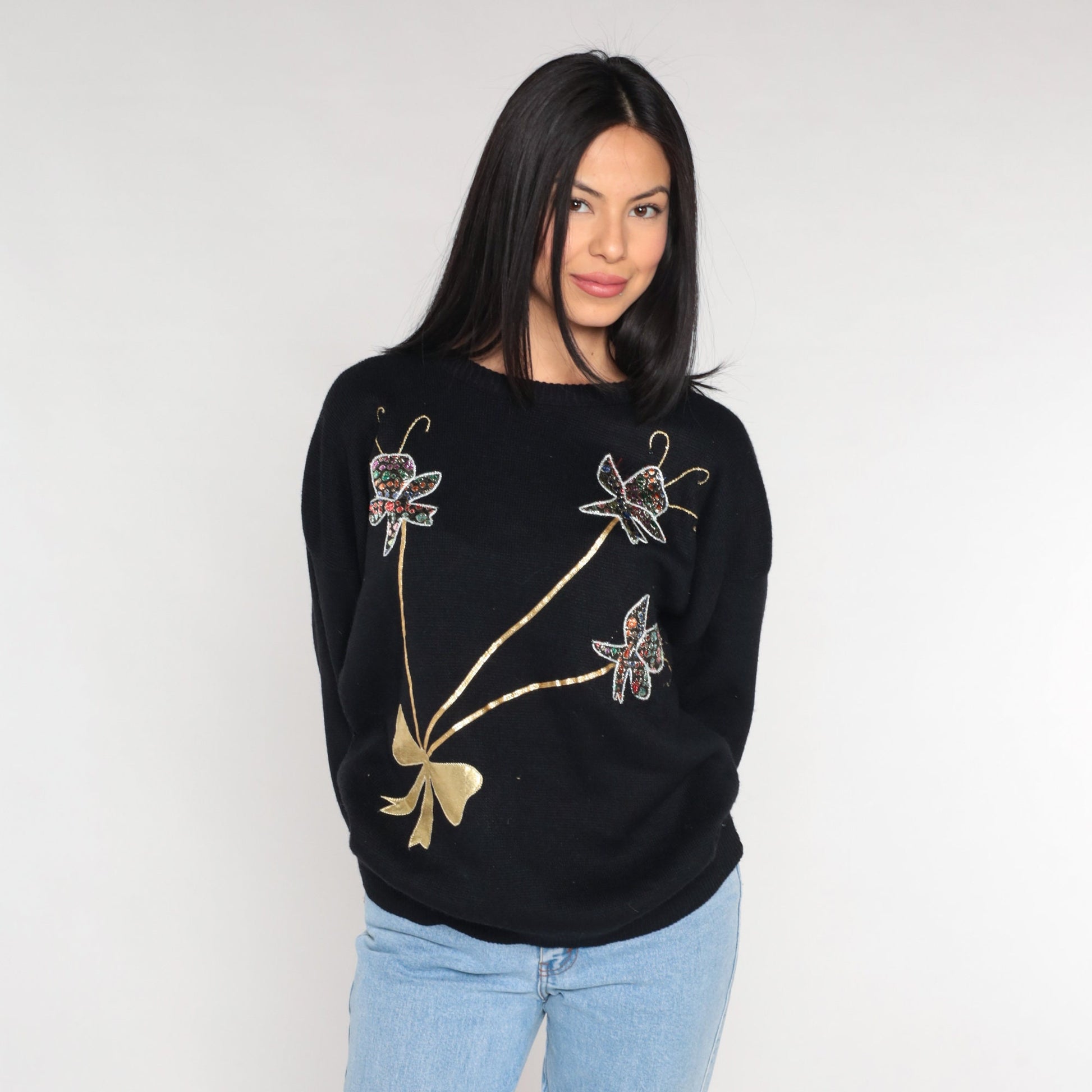 90s Metallic Floral Embellished Knit Sweater Black Gold Bow XL