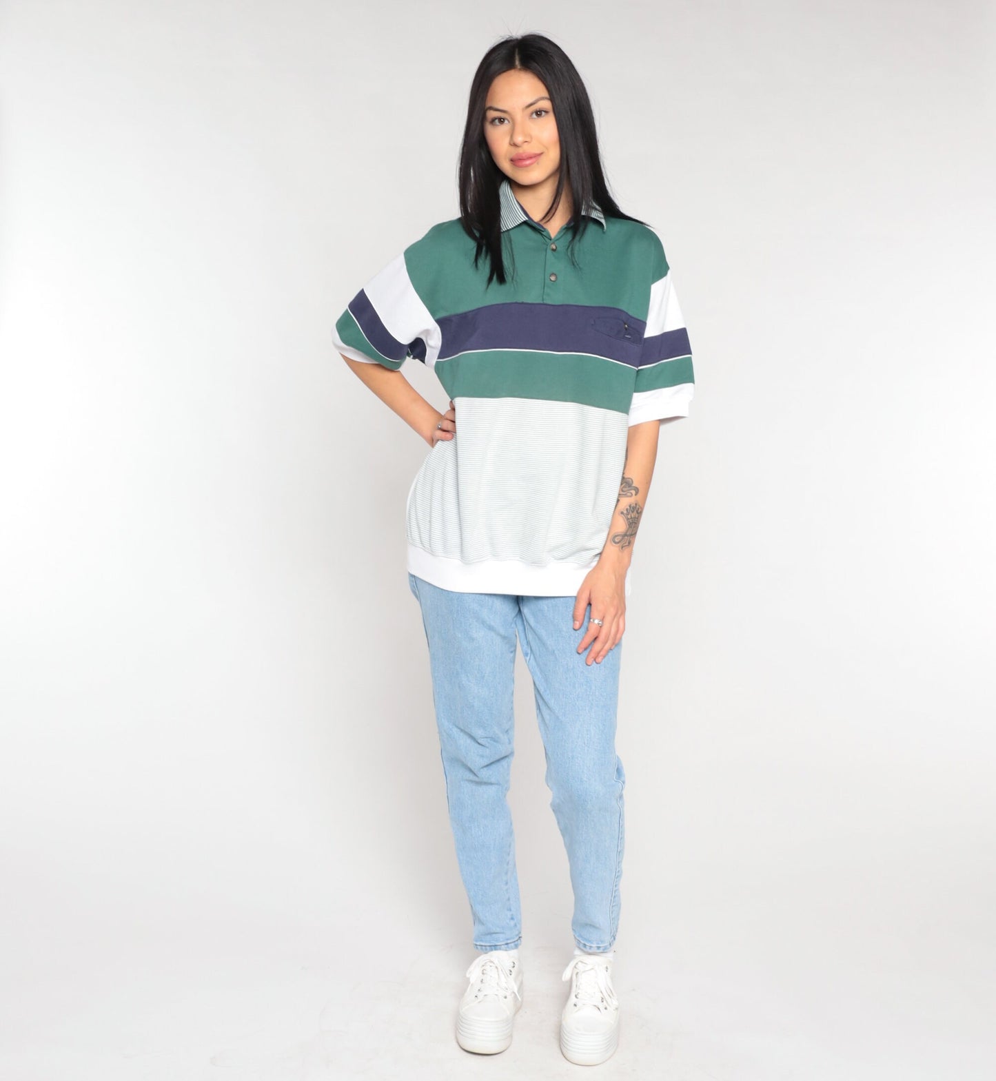 90s Striped Polo Shirt White Blue Green Banded Hem Collared Medium M