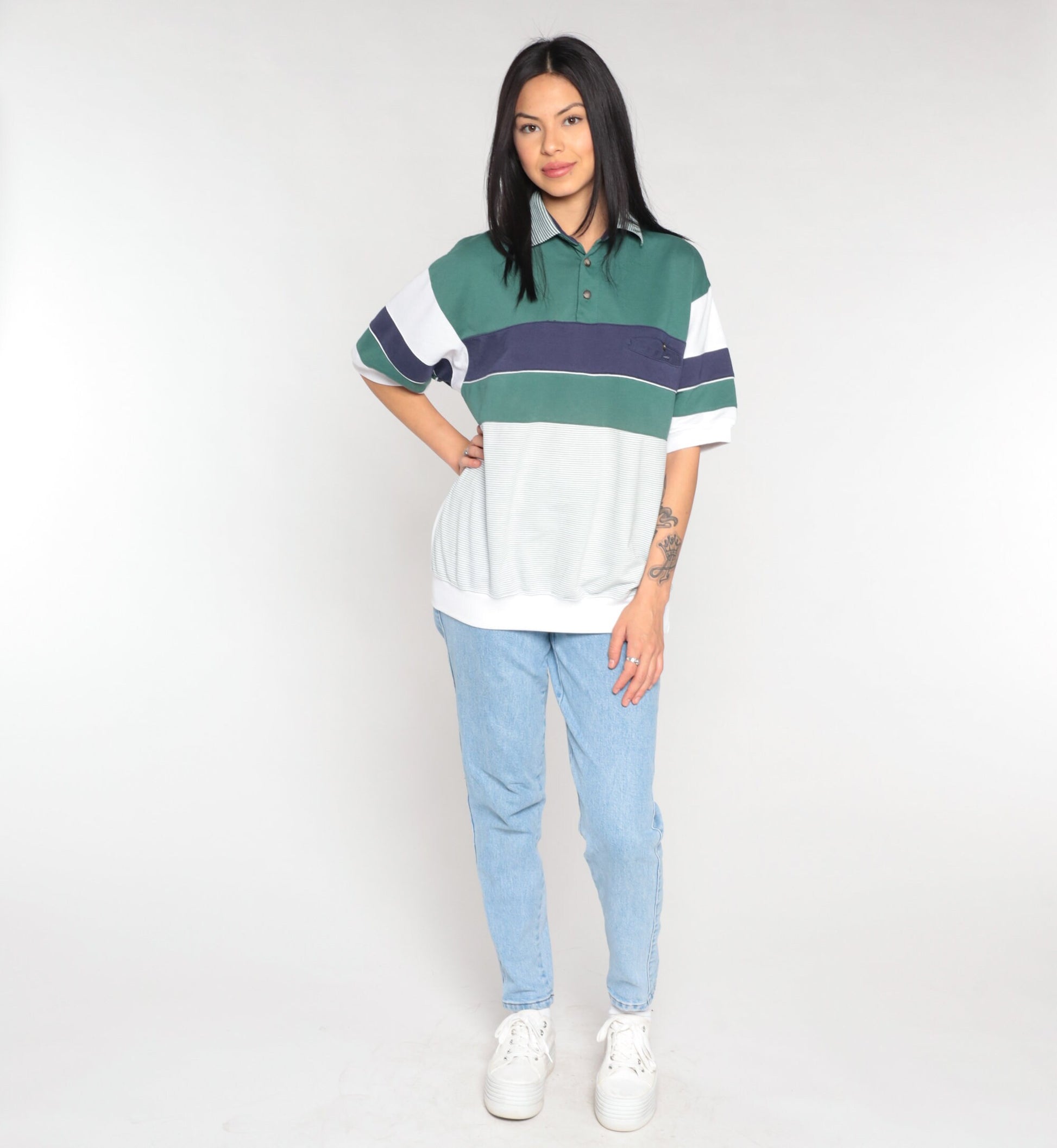 90s Striped Polo Shirt White Blue Green Banded Hem Collared Medium M