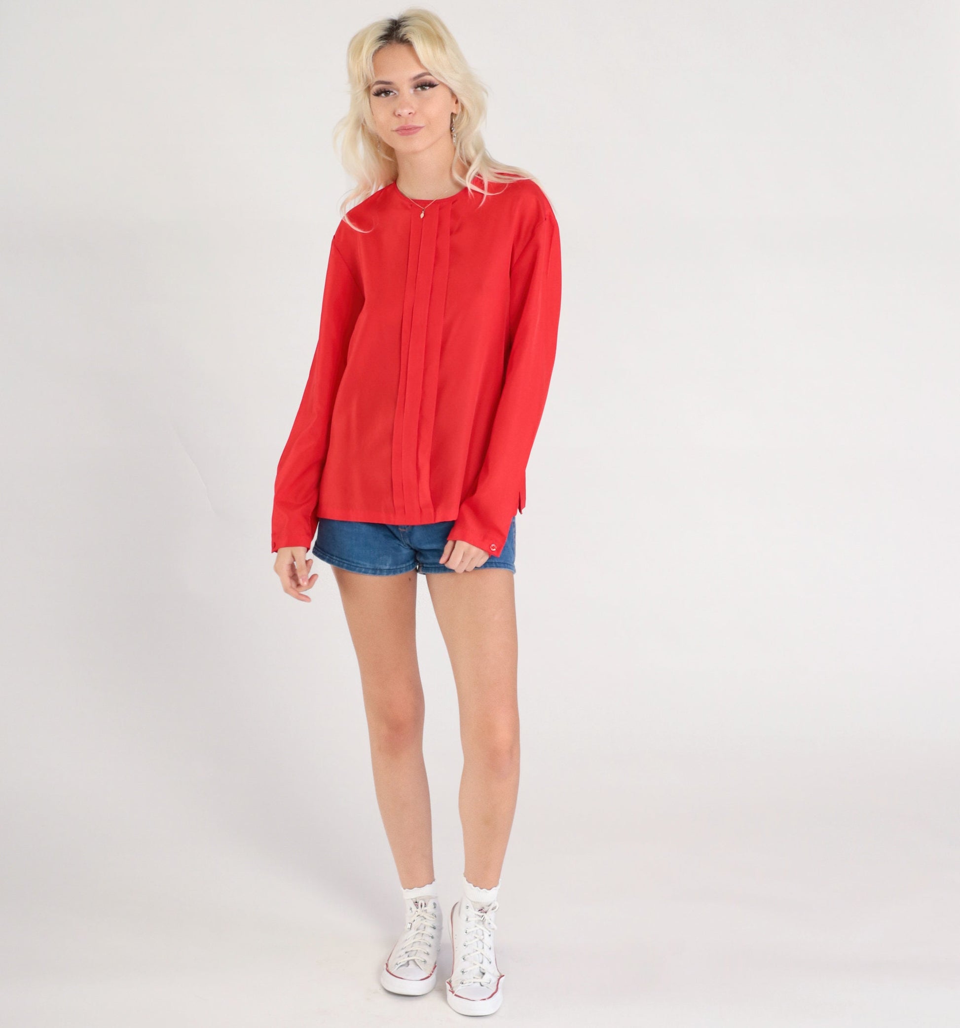 80s Red Pleated Long Sleeve Blouse Keyhole Button Back Medium