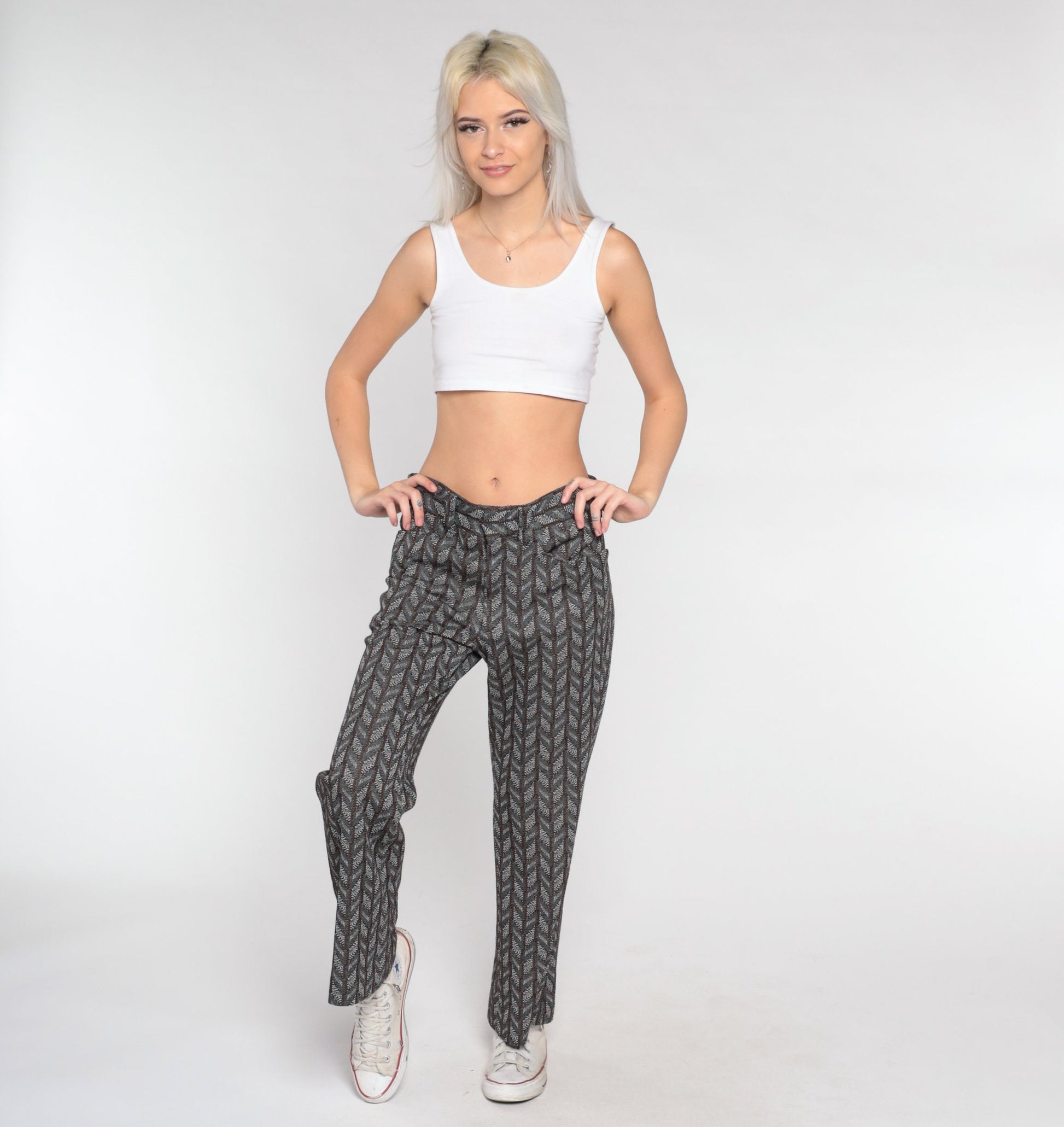 70s Chevron Flared Trousers High Waist Bell Bottoms Grey Medium