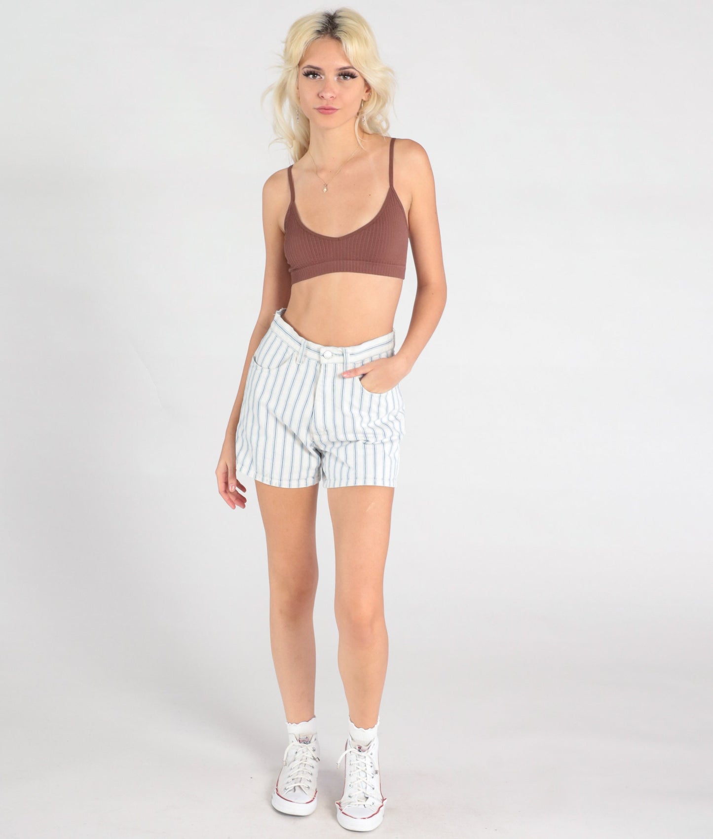 90s Bossini Striped Denim Shorts High Waisted White Blue Small S