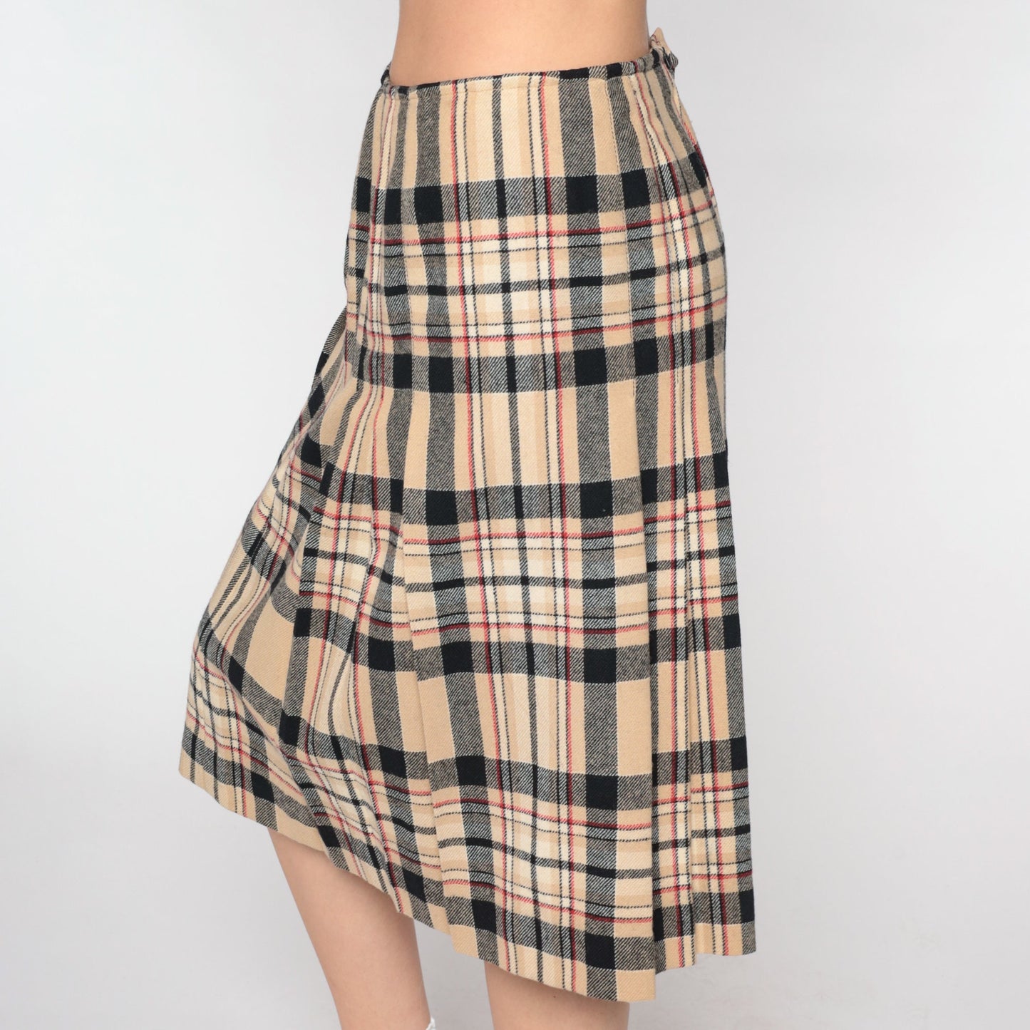 70s Young Pendleton Wool Midi Skirt Pleated Tan Plaid High Waist Small