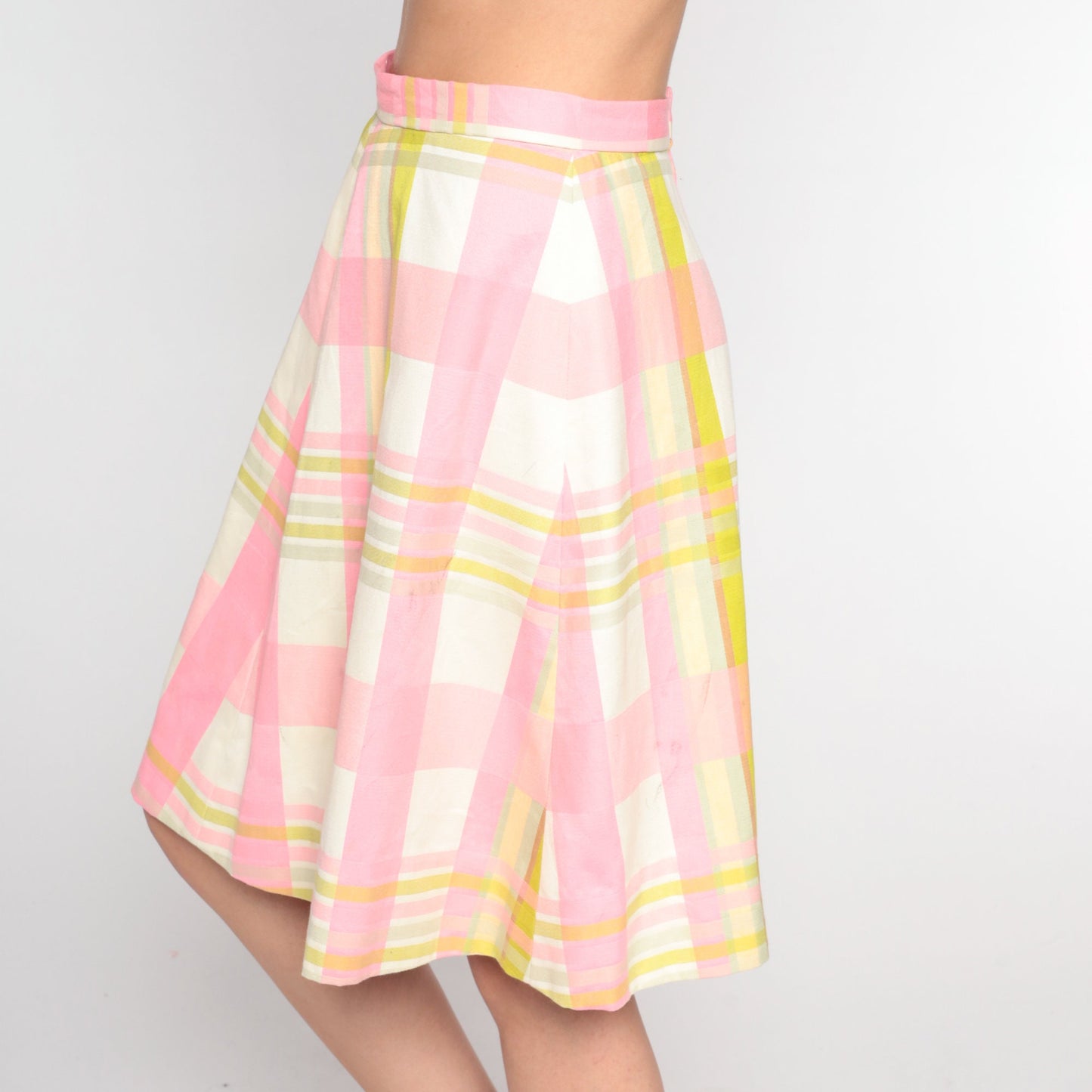 60s Pink White Checkered A-Line Skirt High Waisted Midi Small