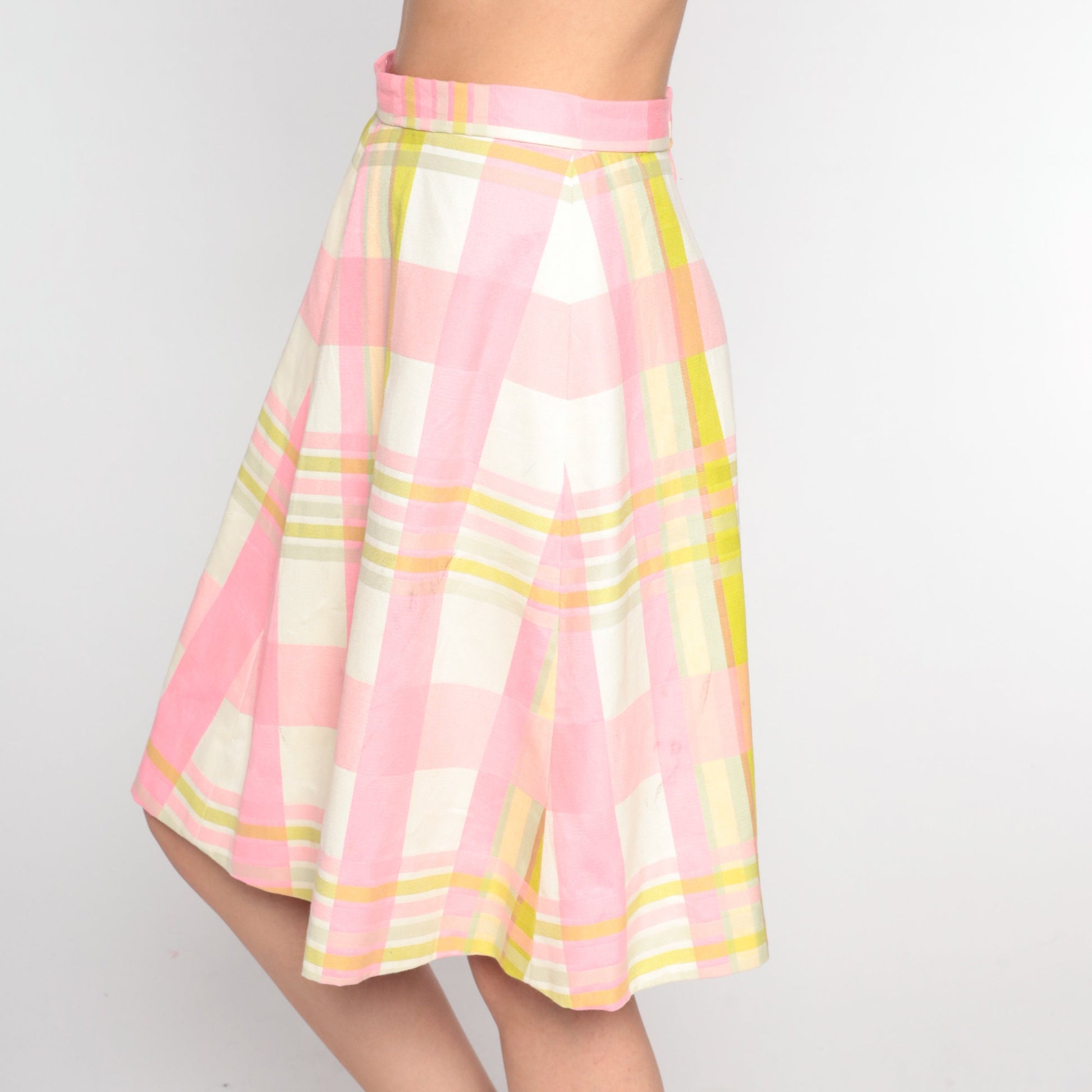 60s Pink White Checkered A-Line Skirt High Waisted Midi Small