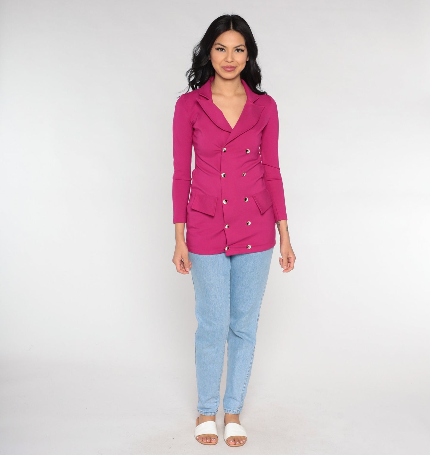 00s Magenta Double Breasted Blazer V Neck Fitted Jacket Extra Small