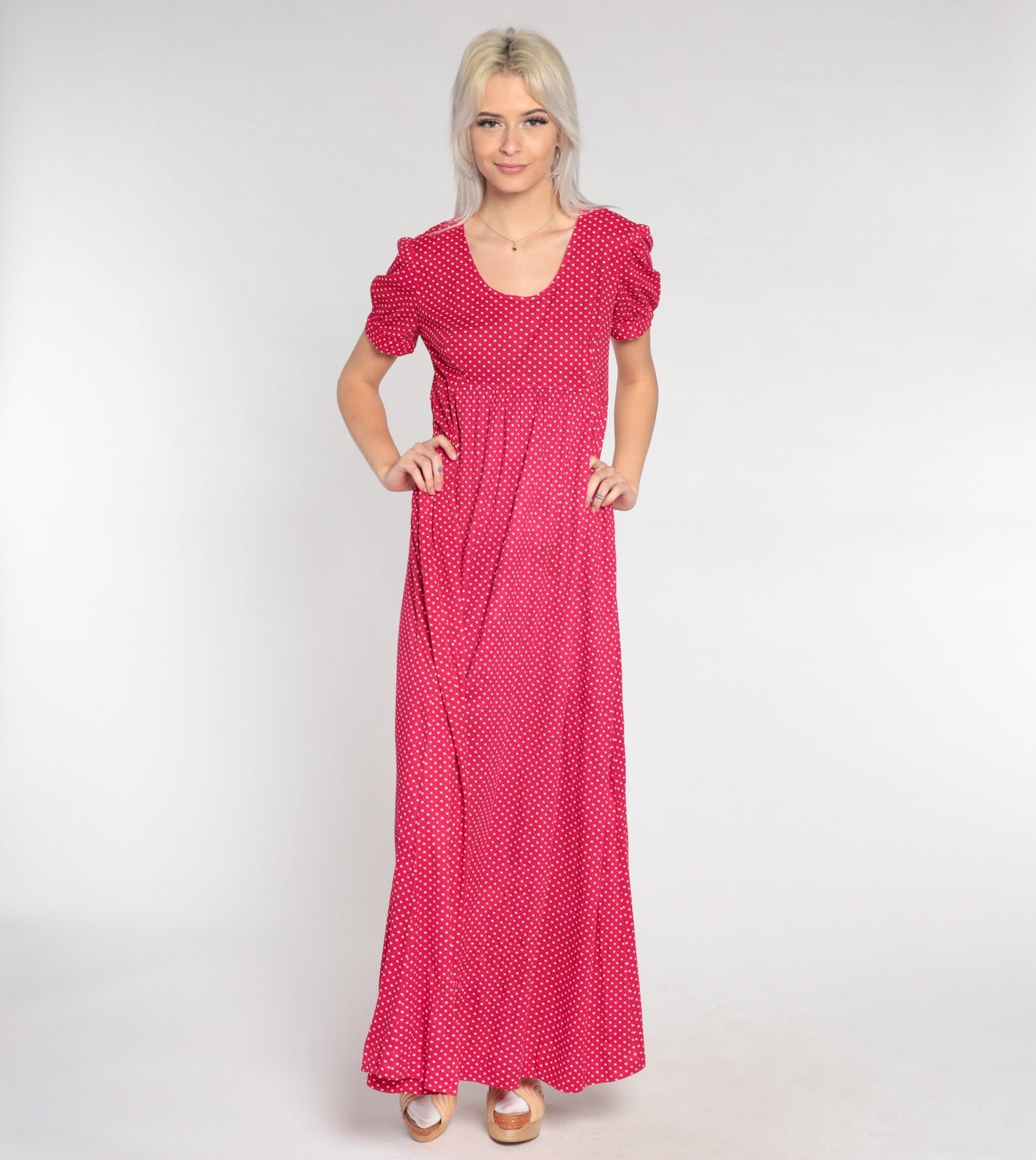 70s Red Polka Dot Maxi Dress Puff Sleeve Empire Waist Small