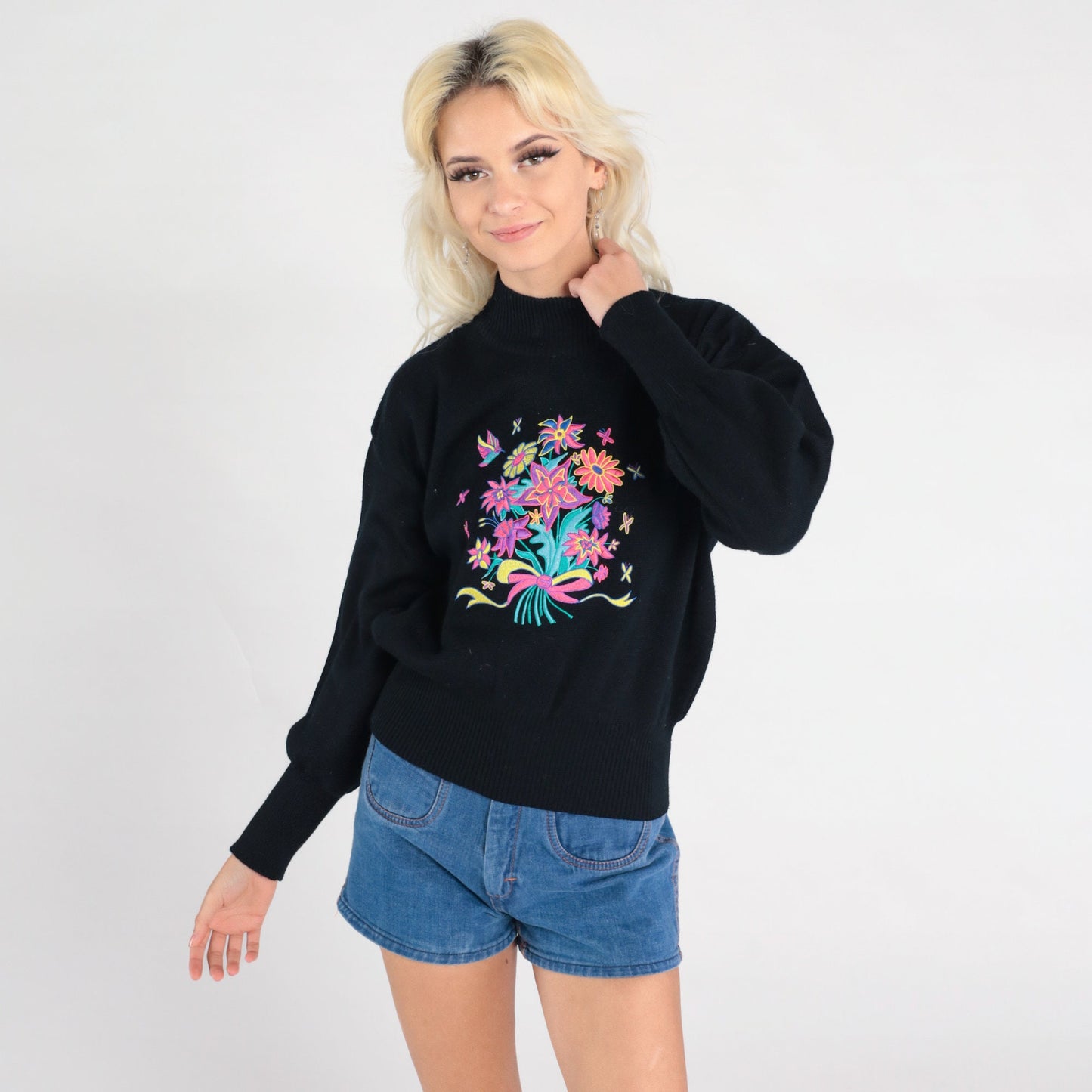 80s Meister Wool Embroidered Floral Mock Neck Sweater Black Small