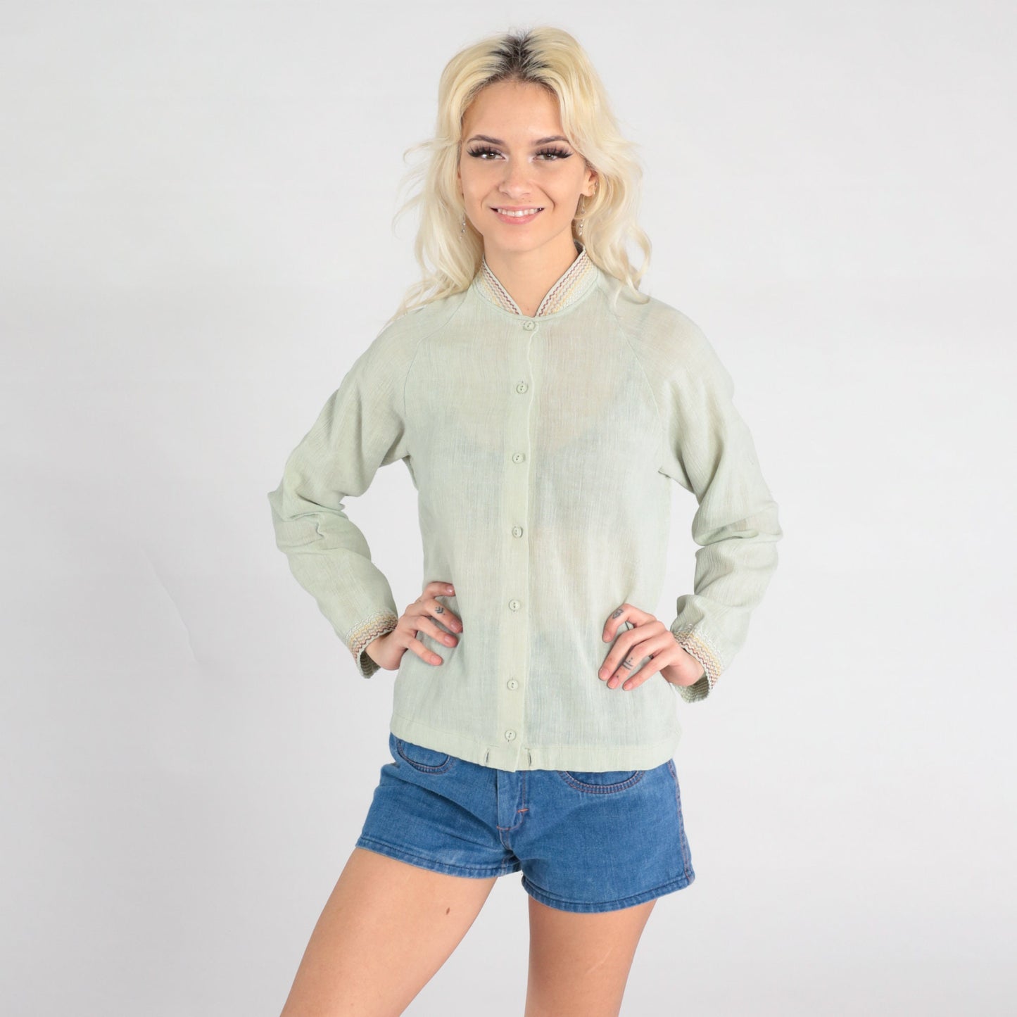 70s Sage Green Semi-Sheer Button-Up Blouse Embroidered Raglan Sleeve Small