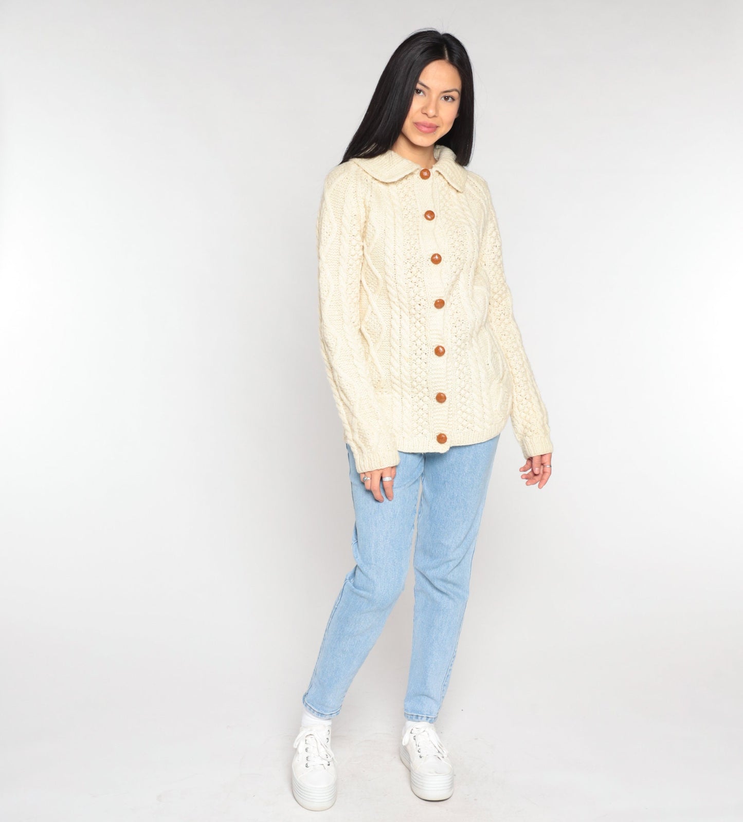 90s Cream Cable Knit Cardigan Button-Up Collared Sweater Small S