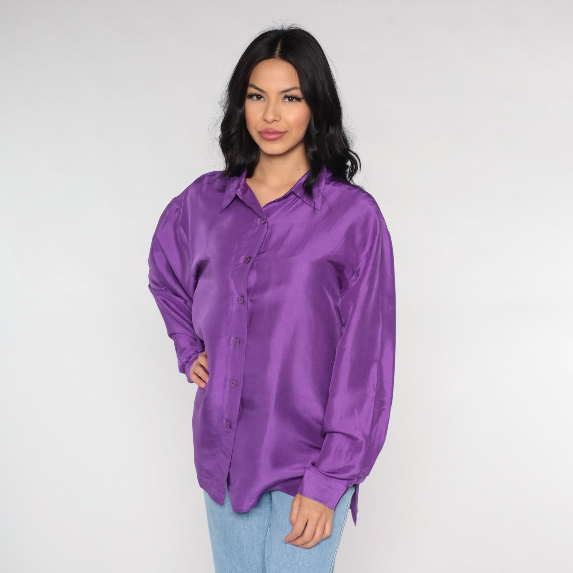 90s Purple Silk Button-Up Blouse Long Sleeve Collared Shirt Large L