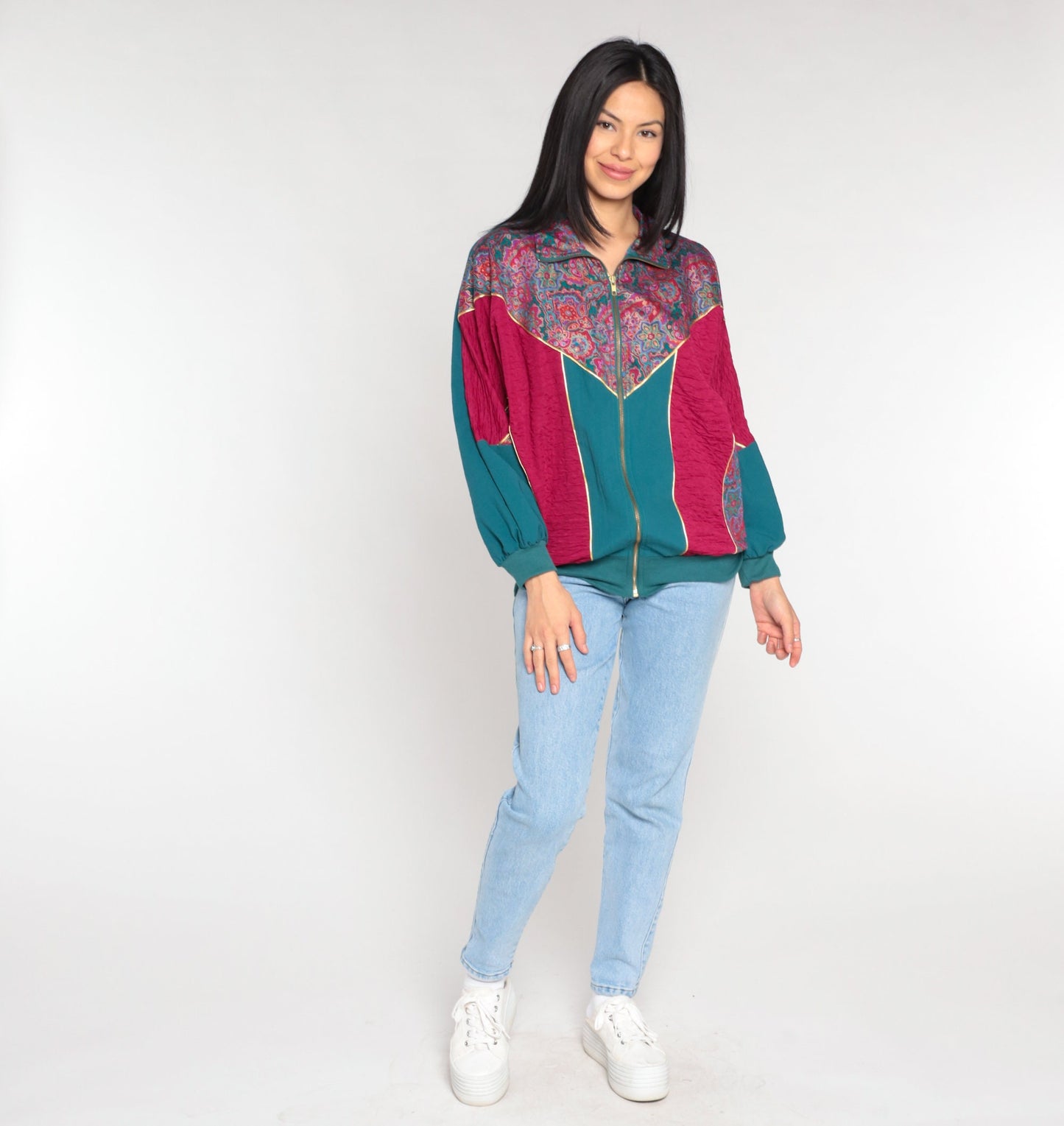 90s Floral Color Block Windbreaker Jacket Magenta Green Medium