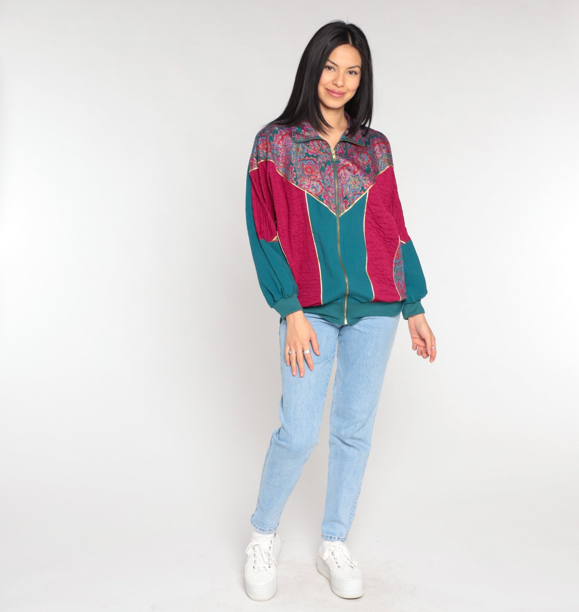 90s Floral Color Block Windbreaker Jacket Magenta Green Medium