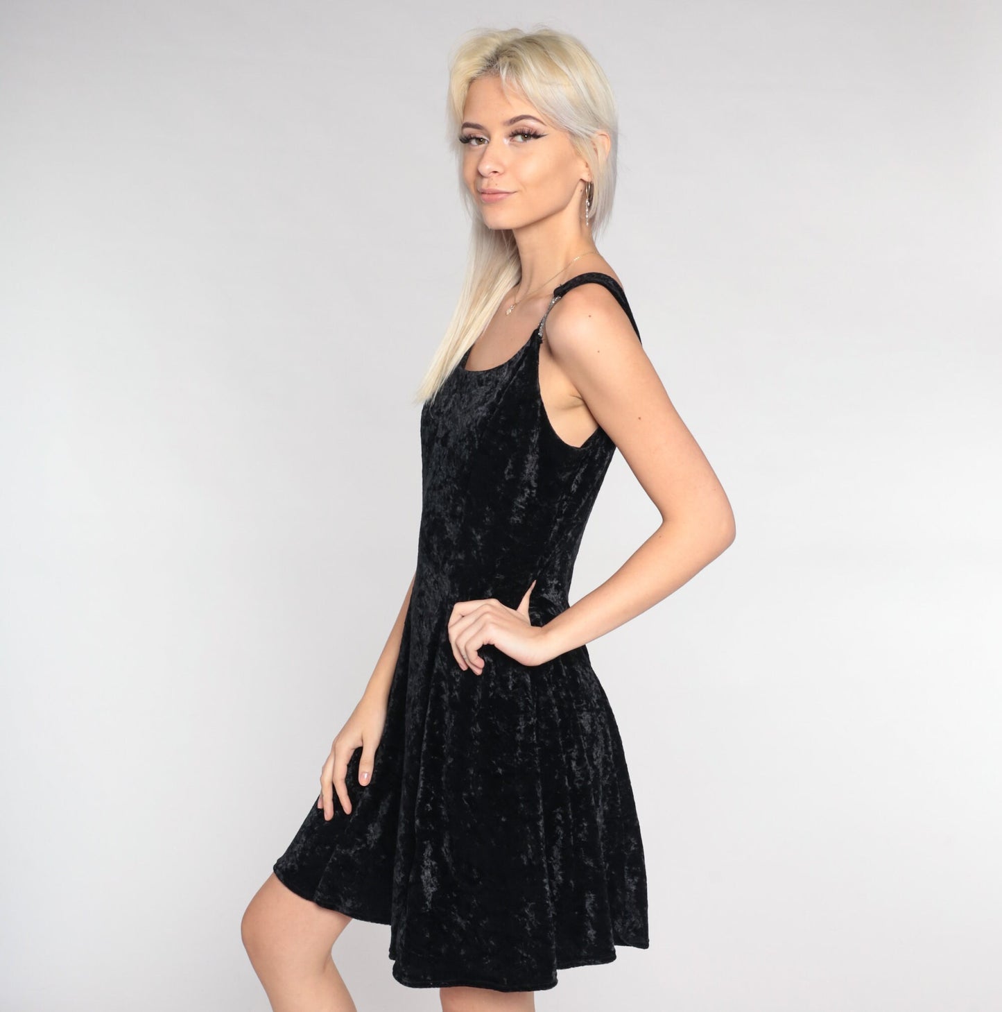 90s Black Velvet Mini Dress Rhinestone Buckle Sleeveless Skater Medium M
