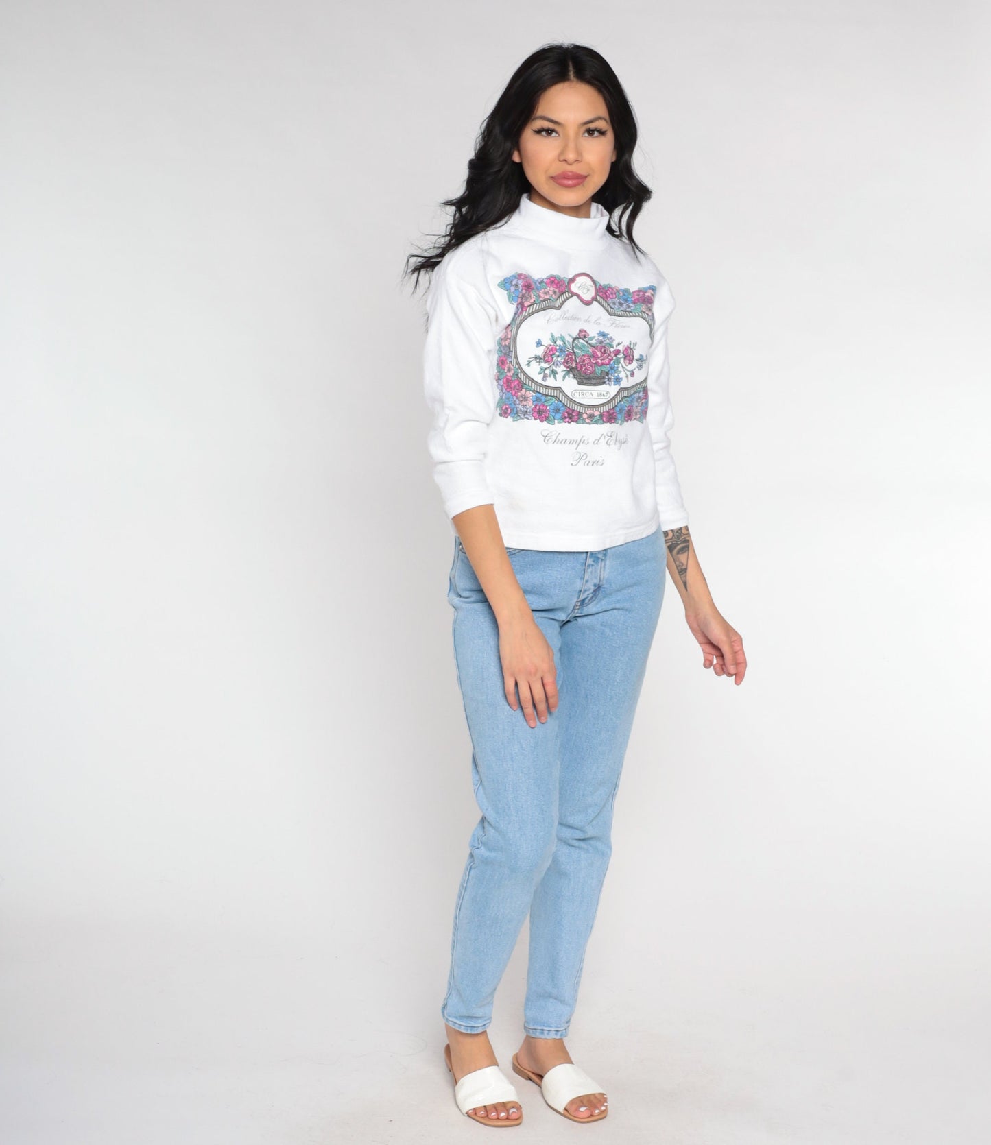 90s Paris Champs d'Élysées Floral Turtleneck White Long Sleeve Top Small S