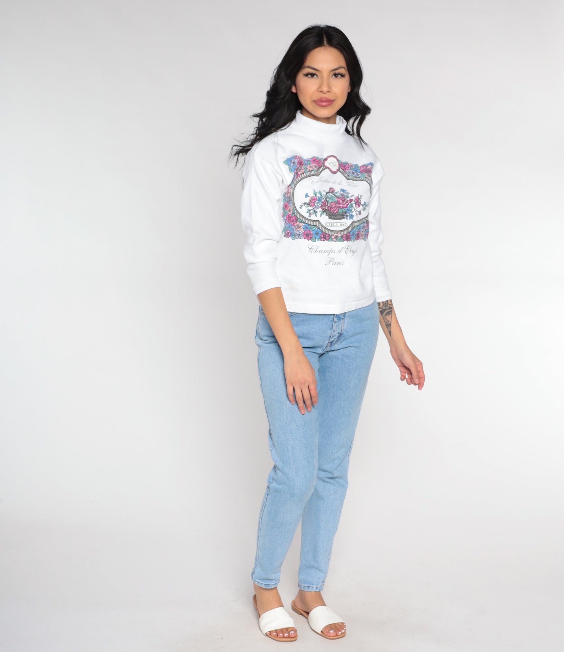 90s Paris Champs d'Élysées Floral Turtleneck White Long Sleeve Top Small S