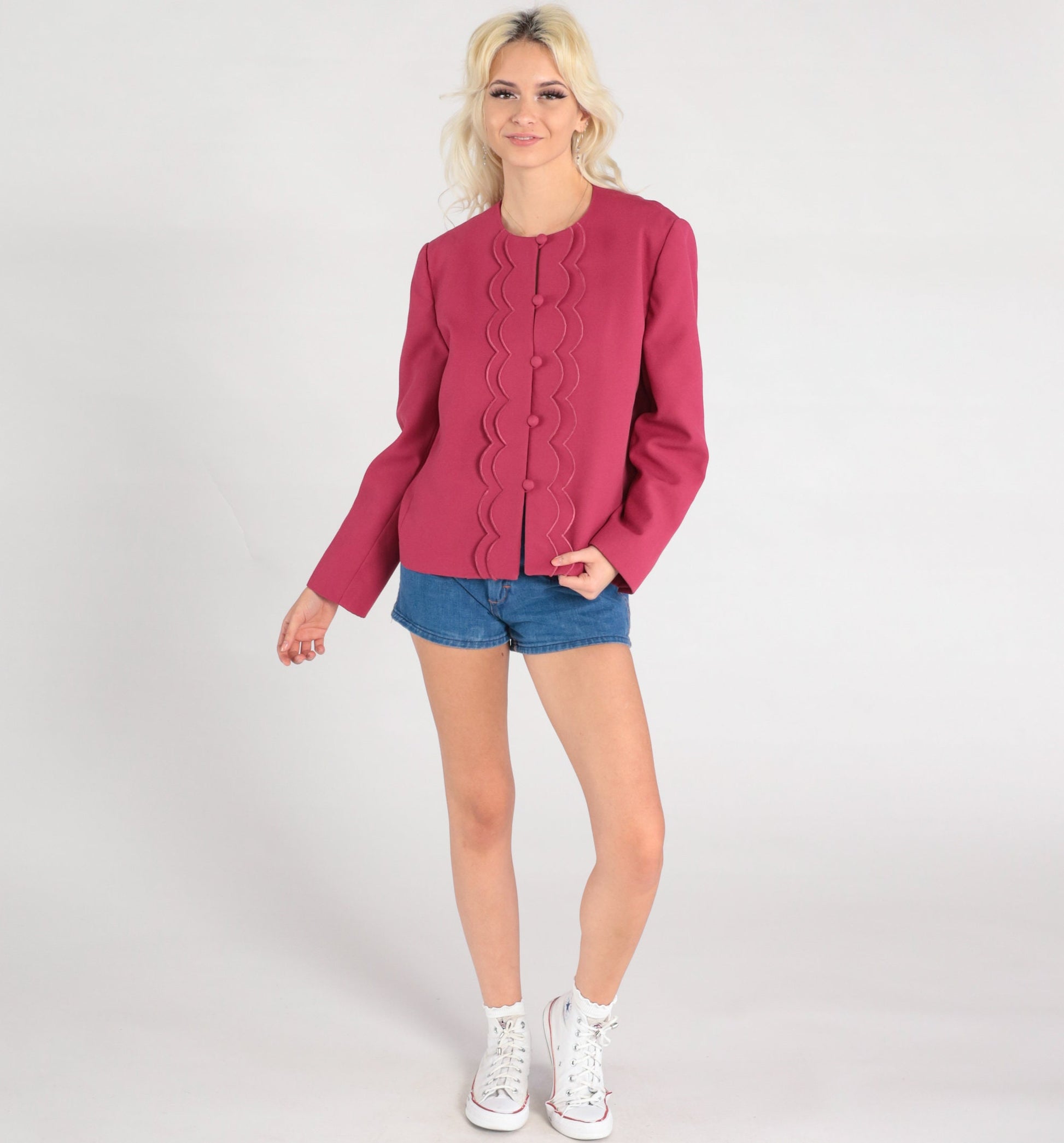 80s Raspberry Pink Scalloped Blazer Button-Up Jacket Women Large L