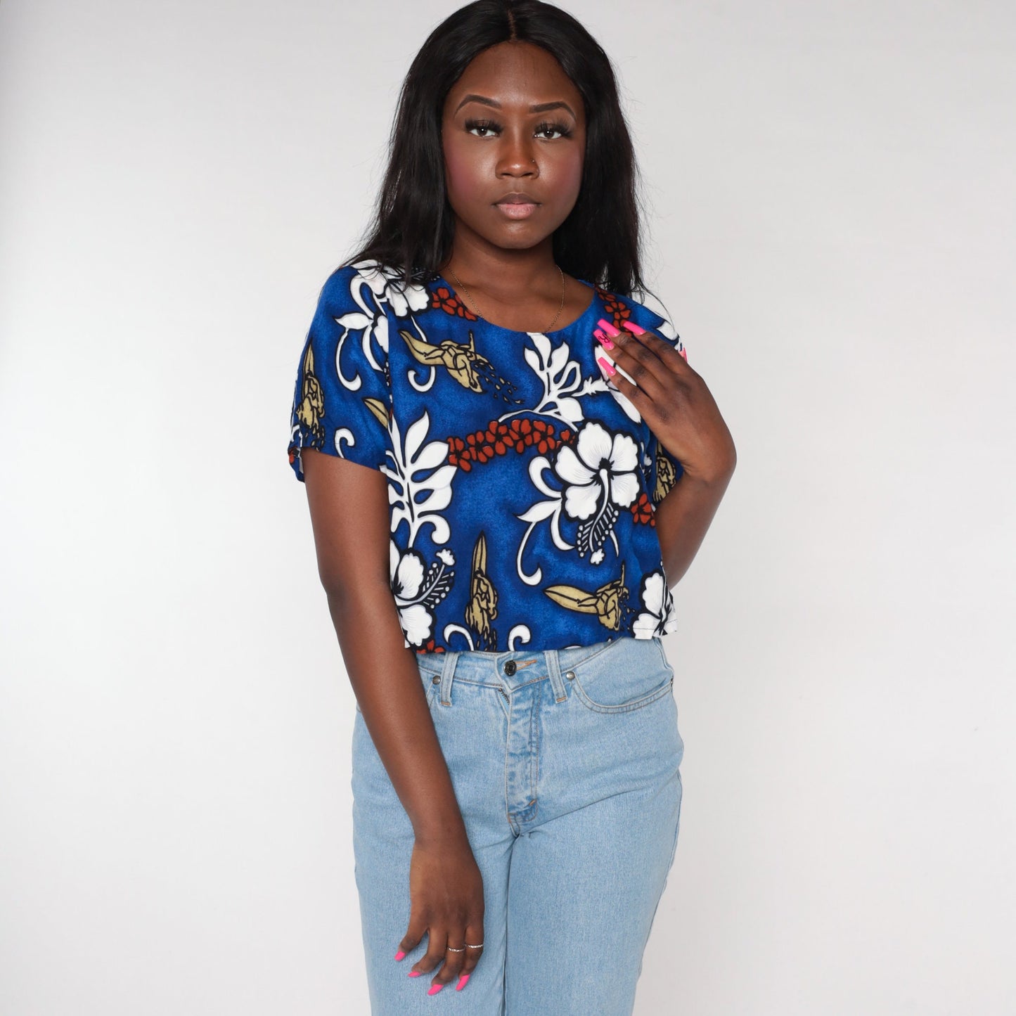 Y2K Hawaiian Crop Top Blue Tropical Floral Surfer Print Small S