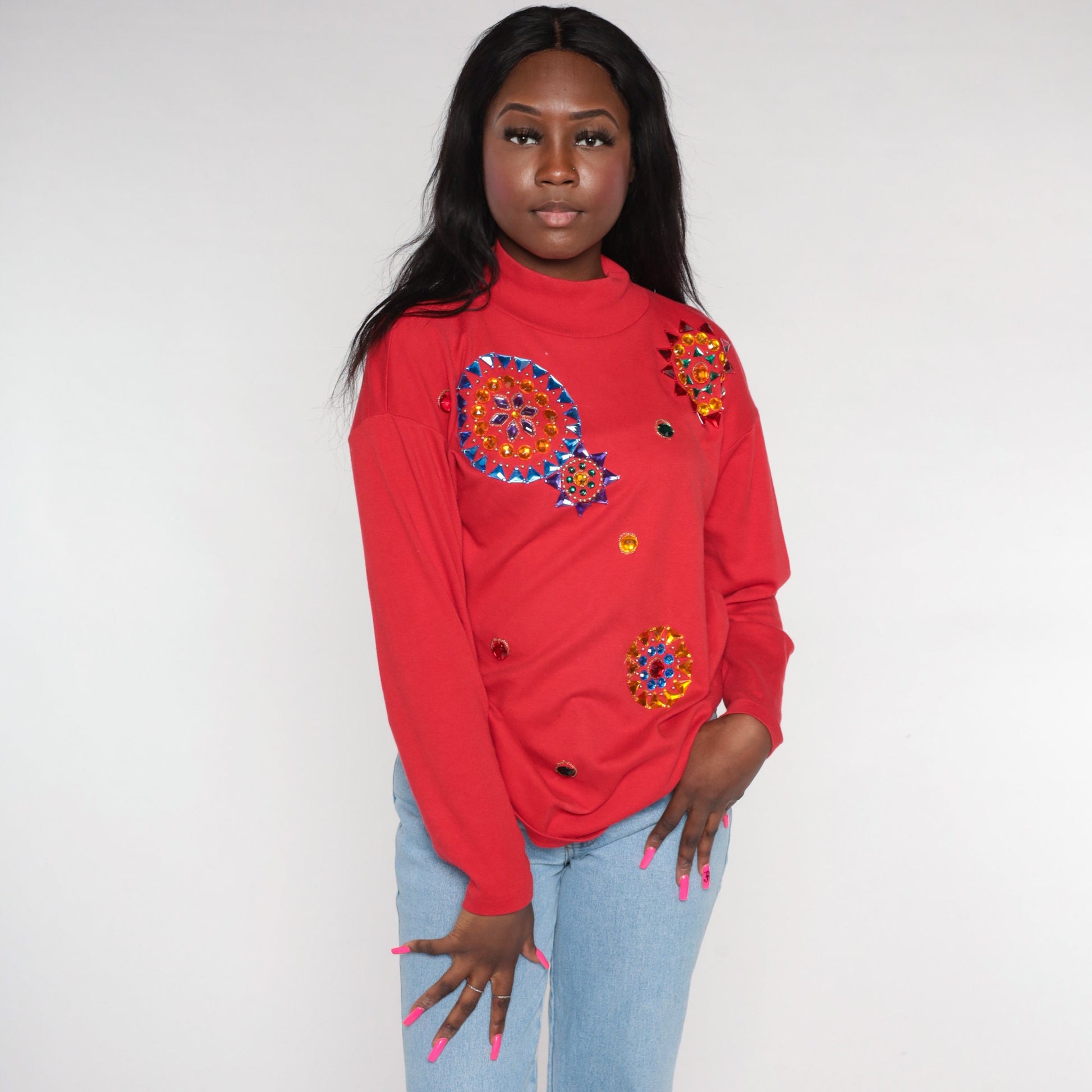 90s Red Rhinestone Mandala Long Sleeve T-Shirt Crystal Bedazzled Top Small