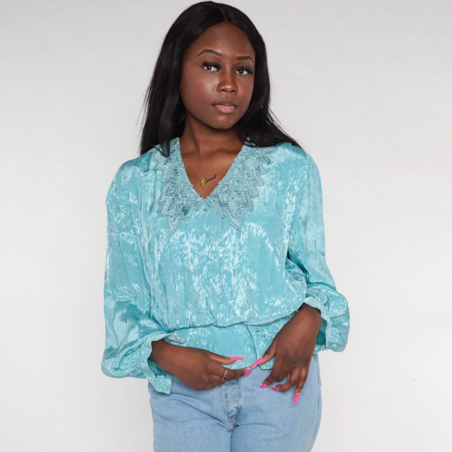 80s Blue Embossed Blouse Crochet Collar V-Neck Pleated Long Sleeve Medium