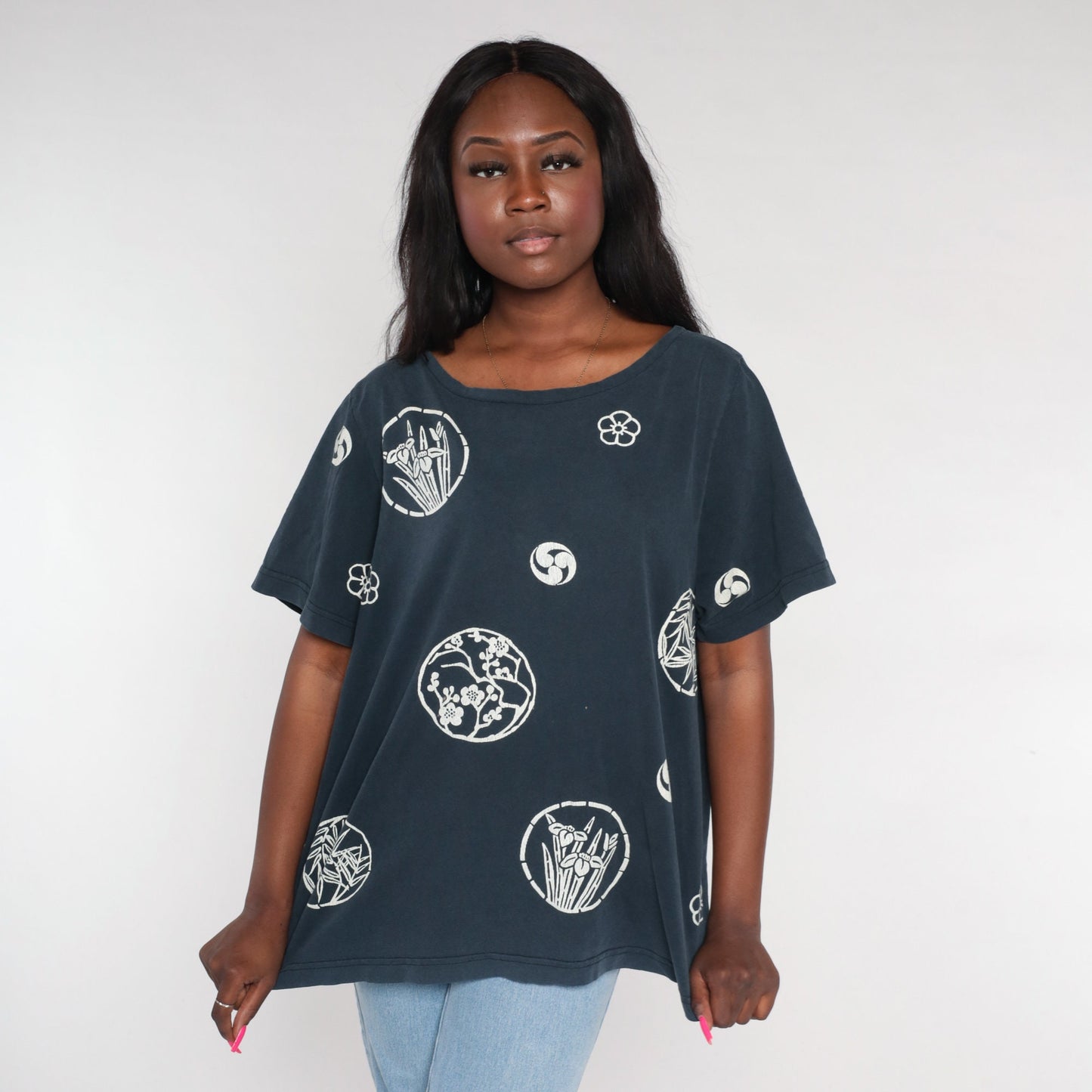 90s Japanese Floral Graphic Tee Black Cotton Cherry Blossom Extra Large XXL
