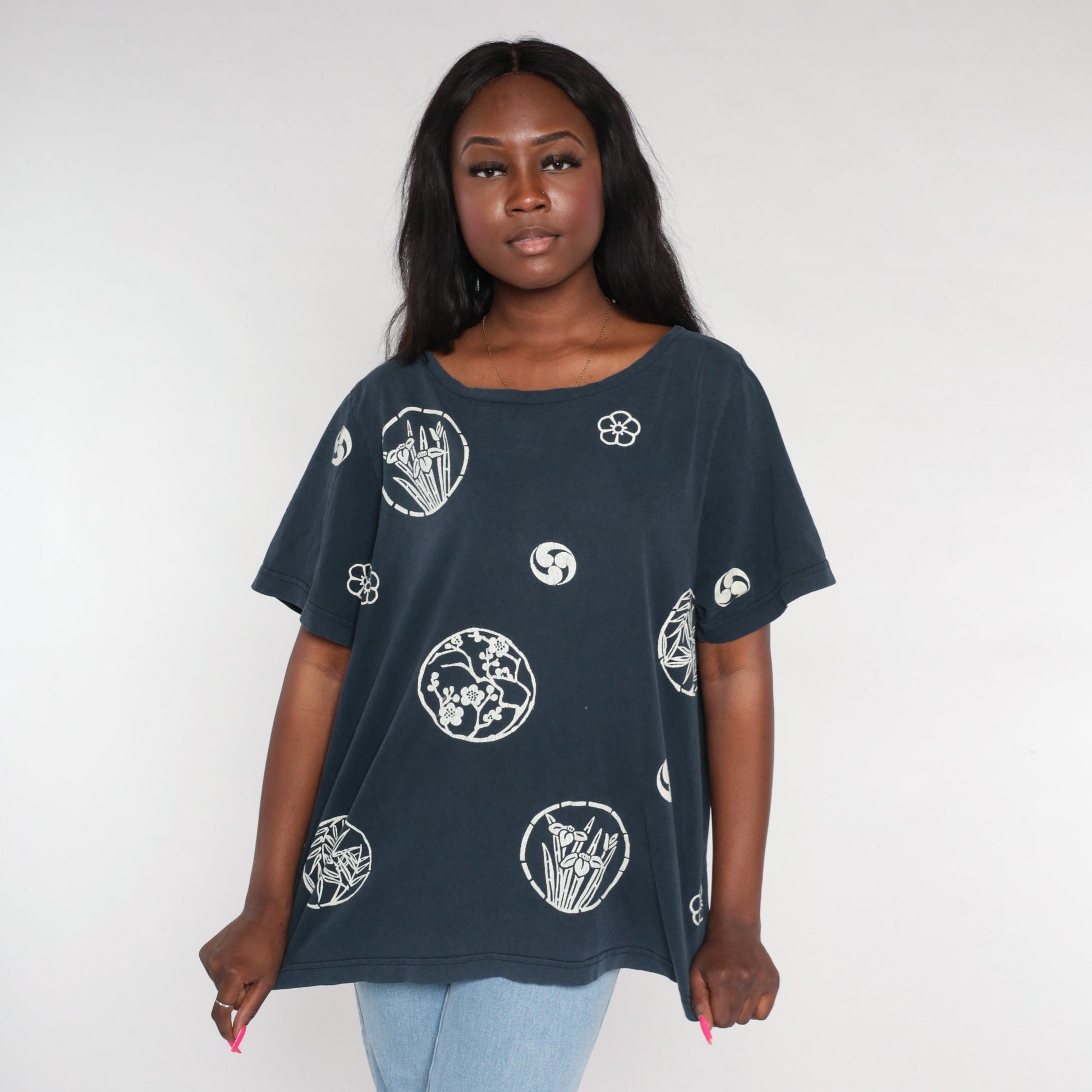 90s Japanese Floral Graphic Tee Black Cotton Cherry Blossom Extra Large XXL