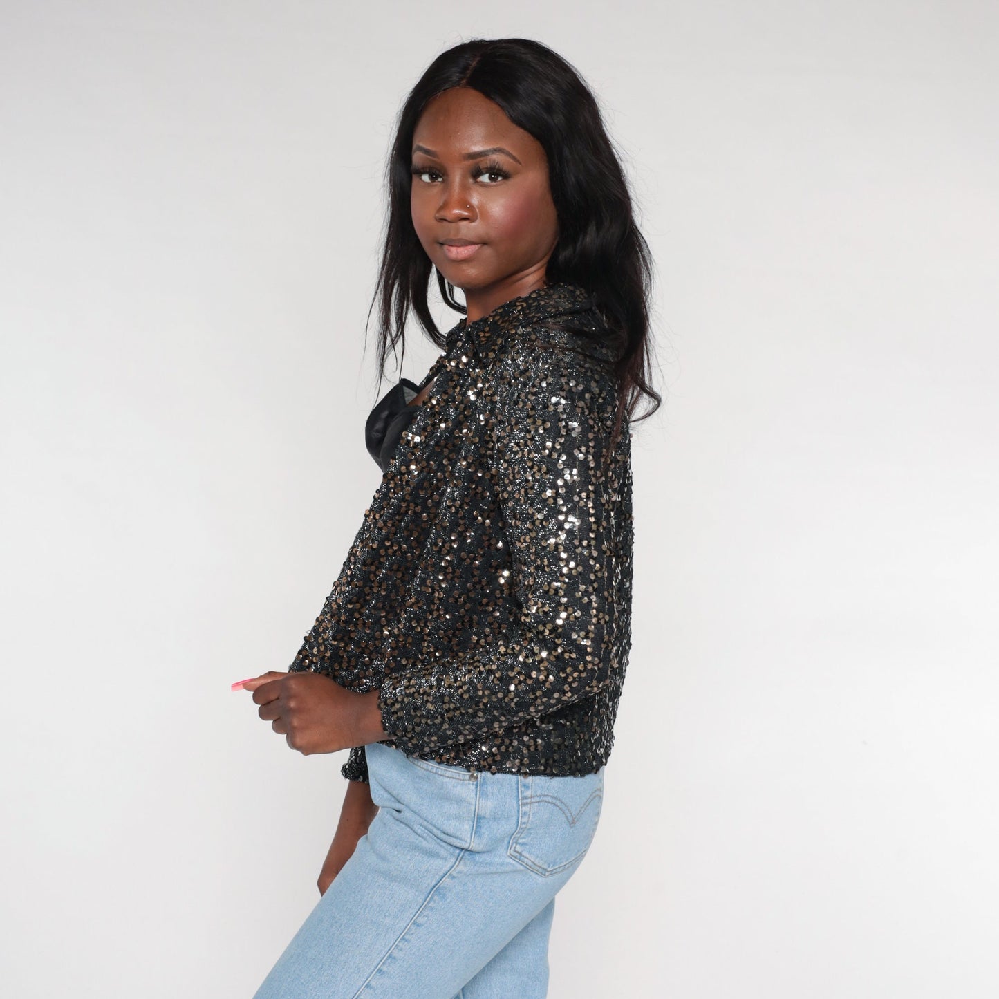 80s Black Bronze Sequin Blazer Open Front Collared Jacket Small S