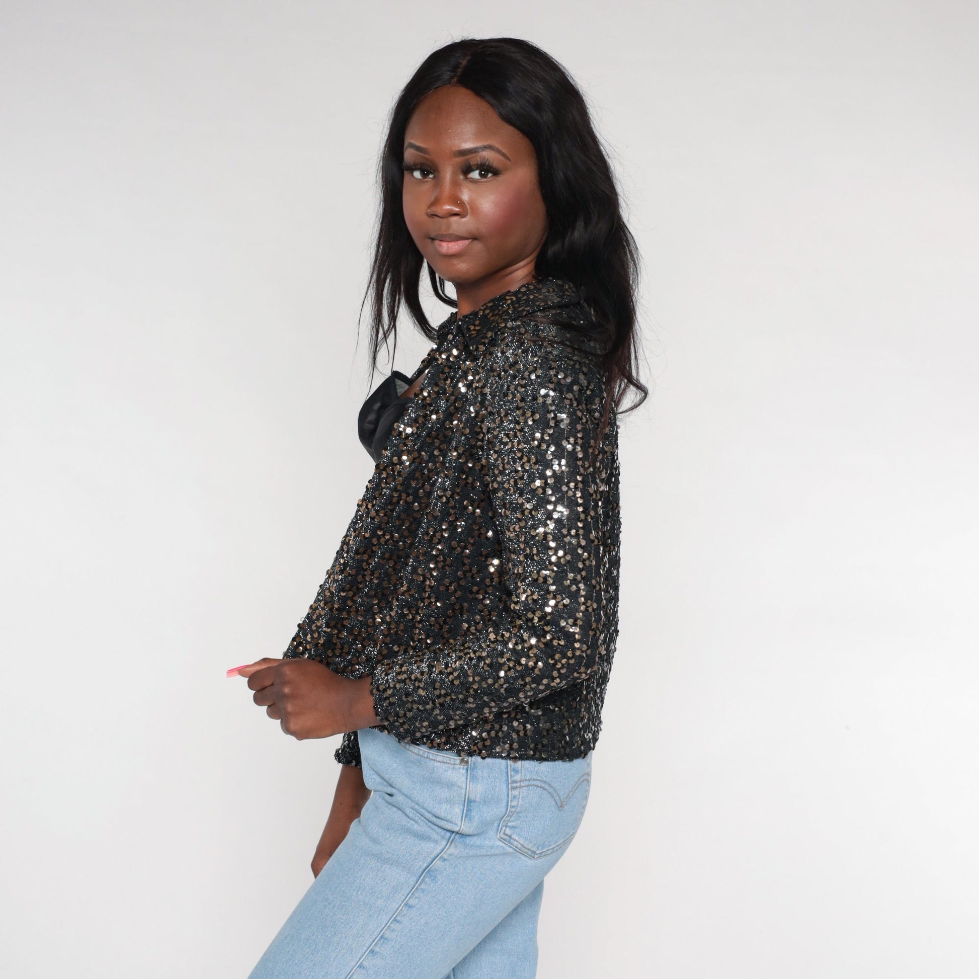 80s Black Bronze Sequin Blazer Open Front Collared Jacket Small S