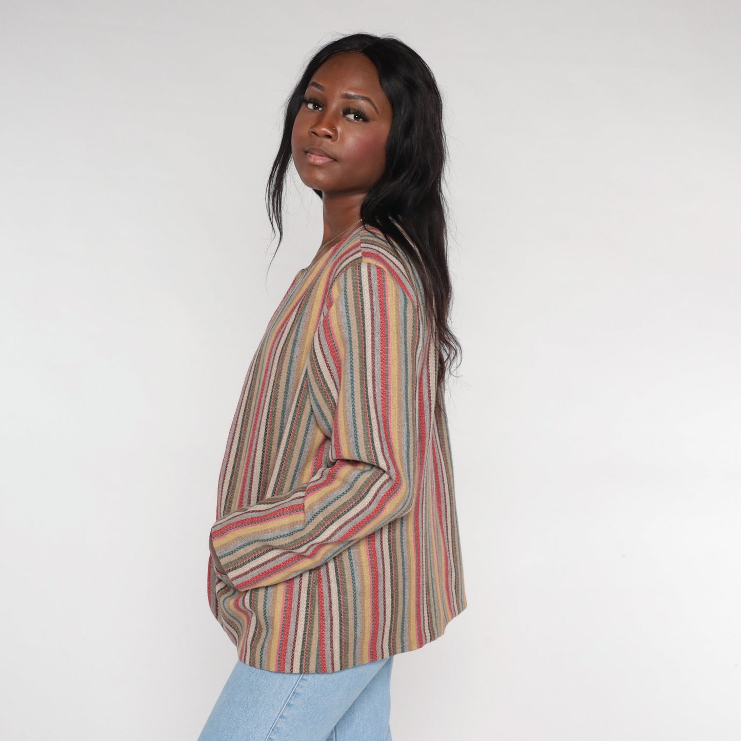 90s Striped Wool Blend Blazer Open Front Jacket Multicolor Large