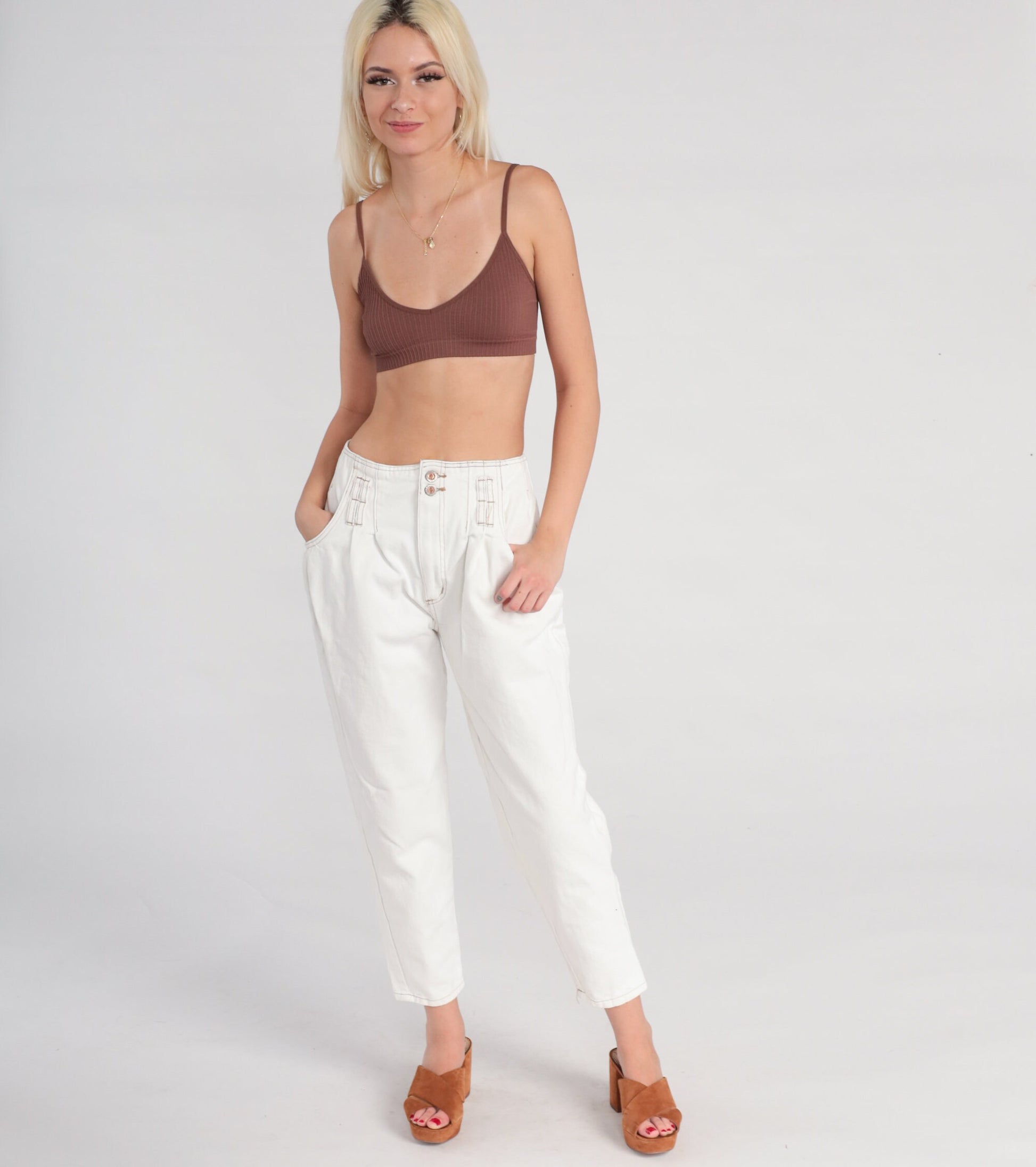 80s Pleated White Denim Jeans High Waist Tapered Cotton Small