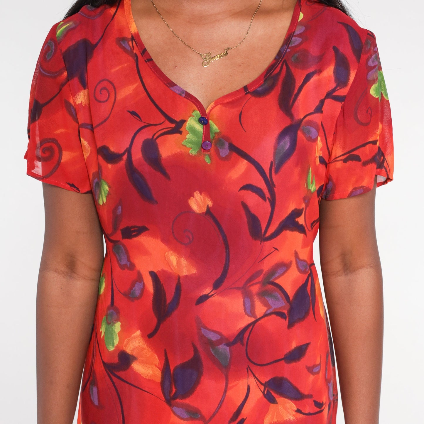 90s Red Floral Midi Dress Purple Layered Hem Short Sleeve Medium