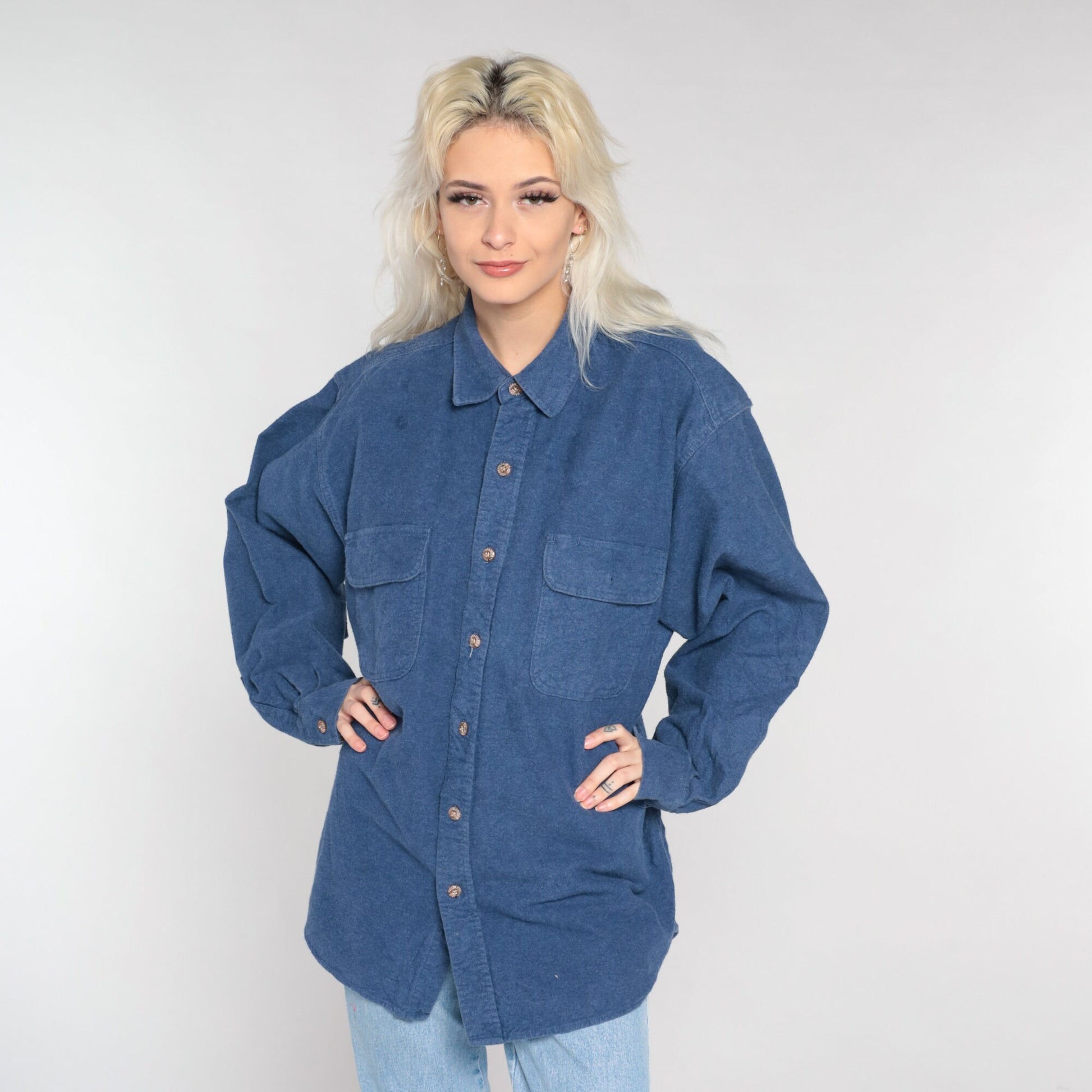 Y2K Blue Cotton Button-Up Shirt Long Sleeve Collared Oxford Men's Extra Large