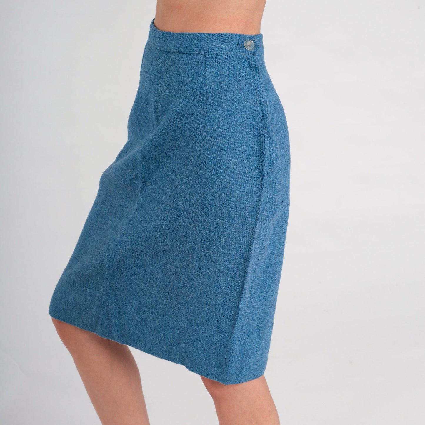60s Blue Wool Pencil Skirt High Waisted Midi Small