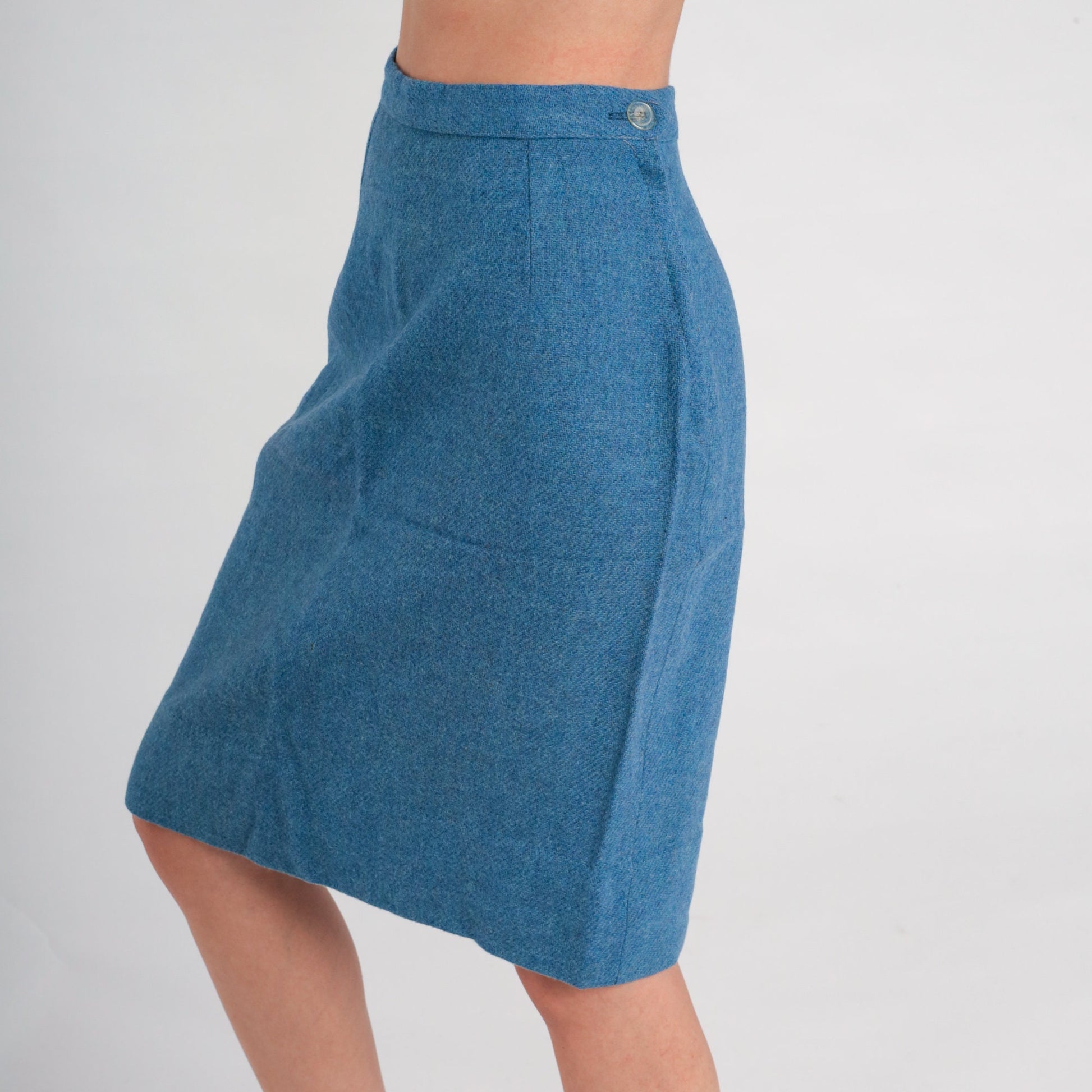 60s Blue Wool Pencil Skirt High Waisted Midi Small