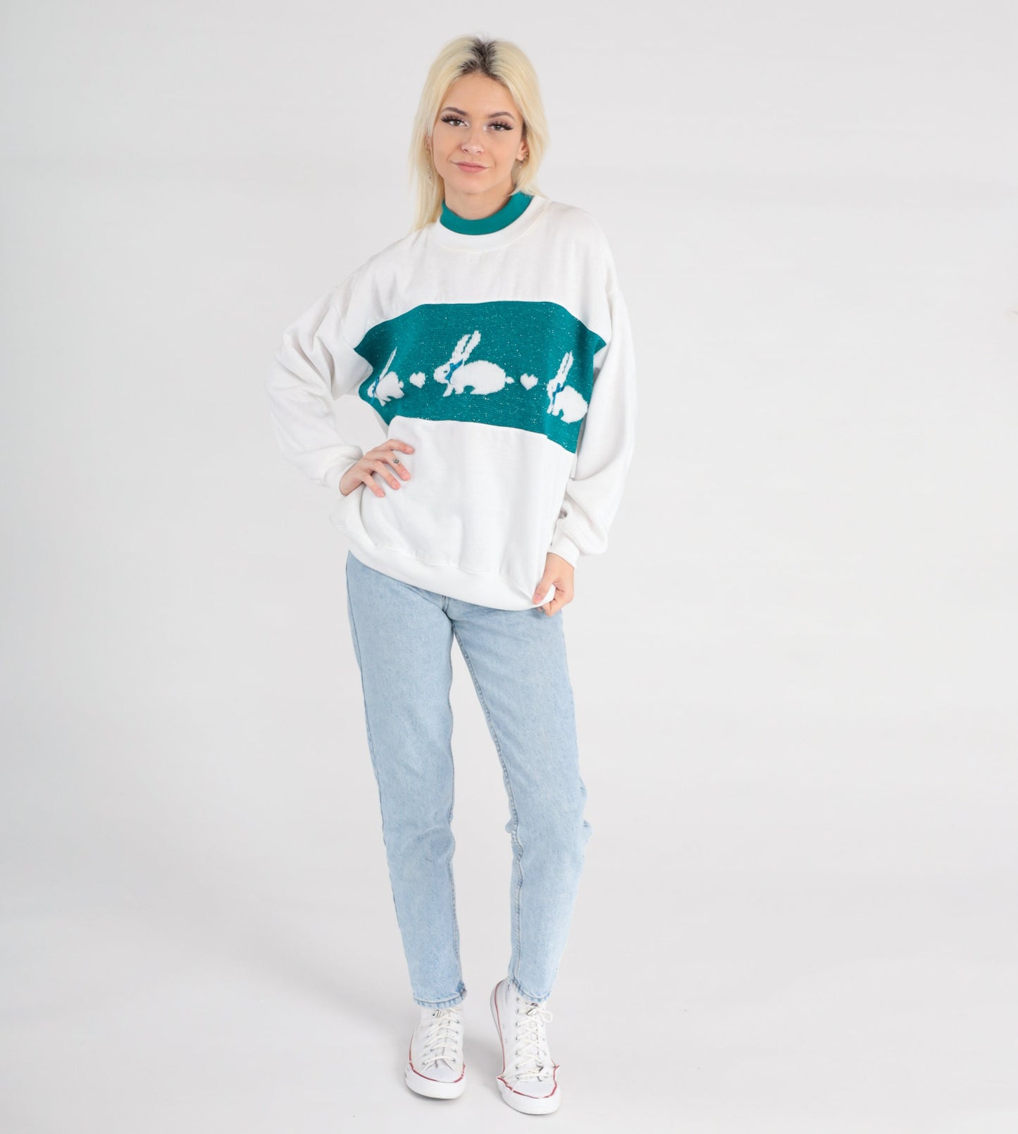 80s Bunny Rabbit Metallic Sweatshirt White Teal Graphic Crewneck Large
