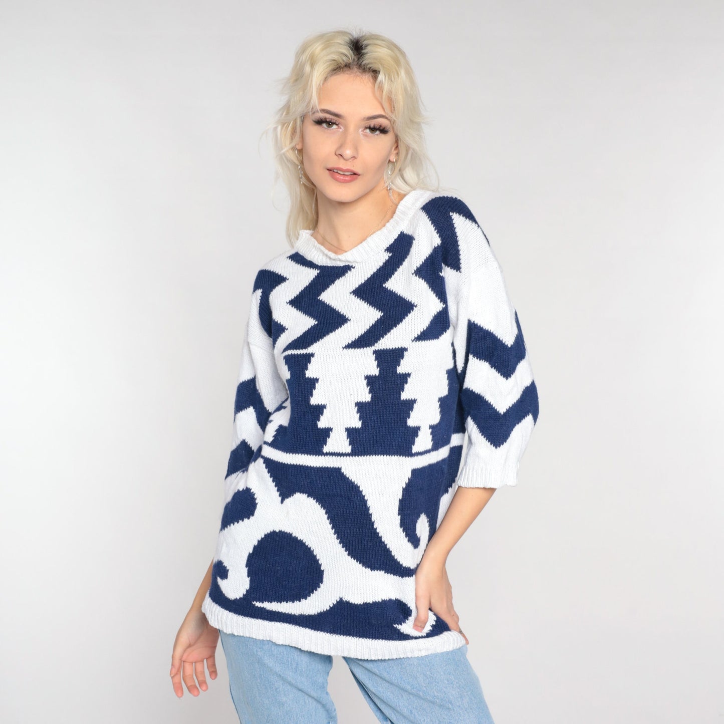 90s White Knit Sweater Navy Abstract Geometric Zig Zag Print 3/4 Sleeve Medium