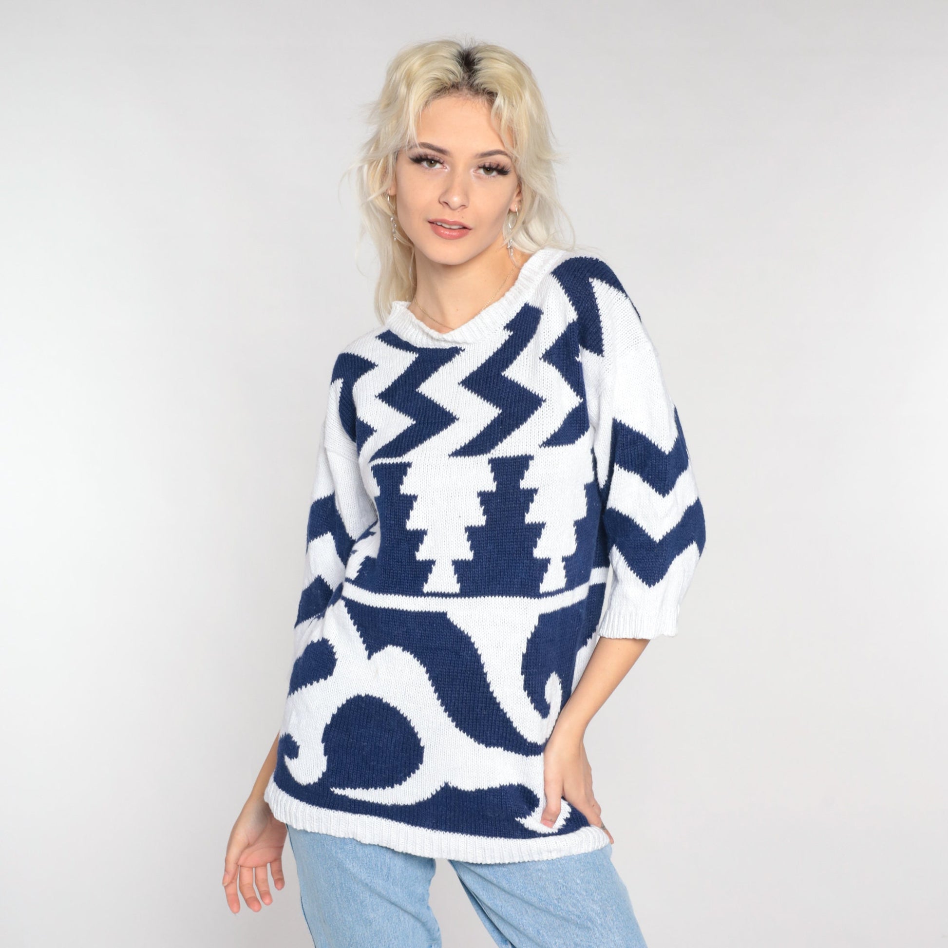 90s White Knit Sweater Navy Abstract Geometric Zig Zag Print 3/4 Sleeve Medium