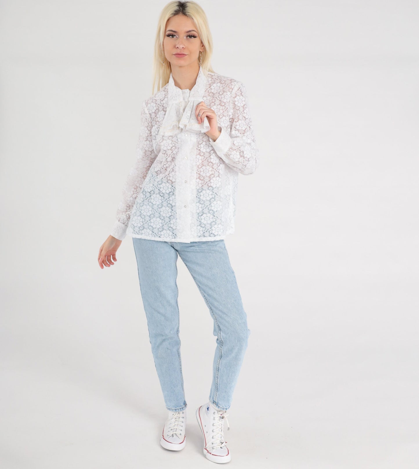 70s White Lace Jabot Blouse Long Sleeve Button Up Tuxedo Shirt Medium