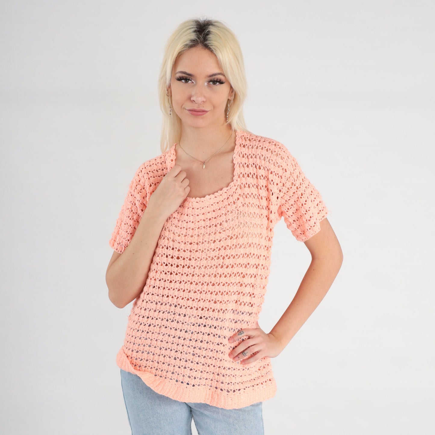 80s Orange Crochet Blouse Peach Open Weave Short Sleeve Small