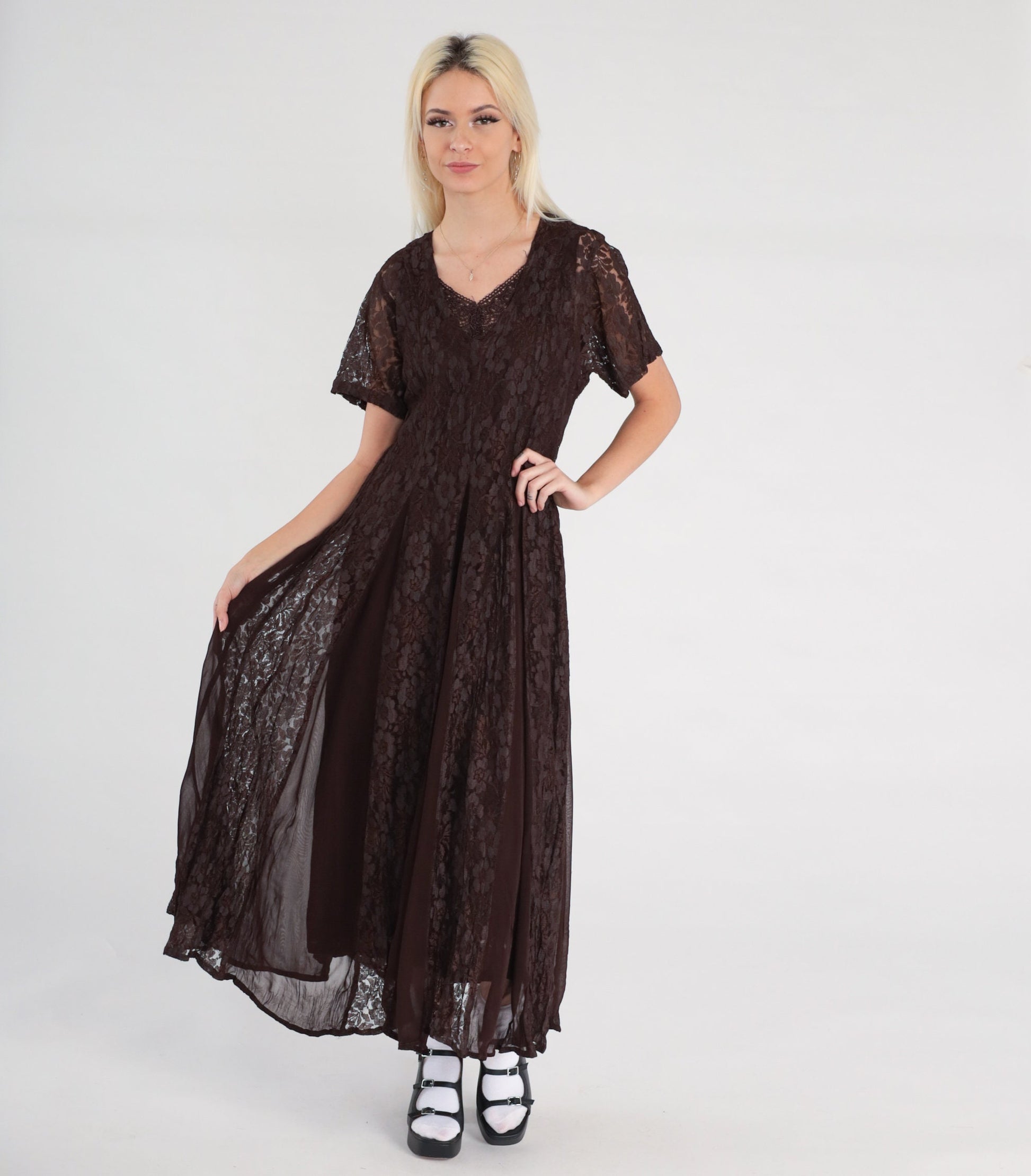 90s Brown Lace Maxi Dress Chiffon Panel V-Neck Short Sleeve Small